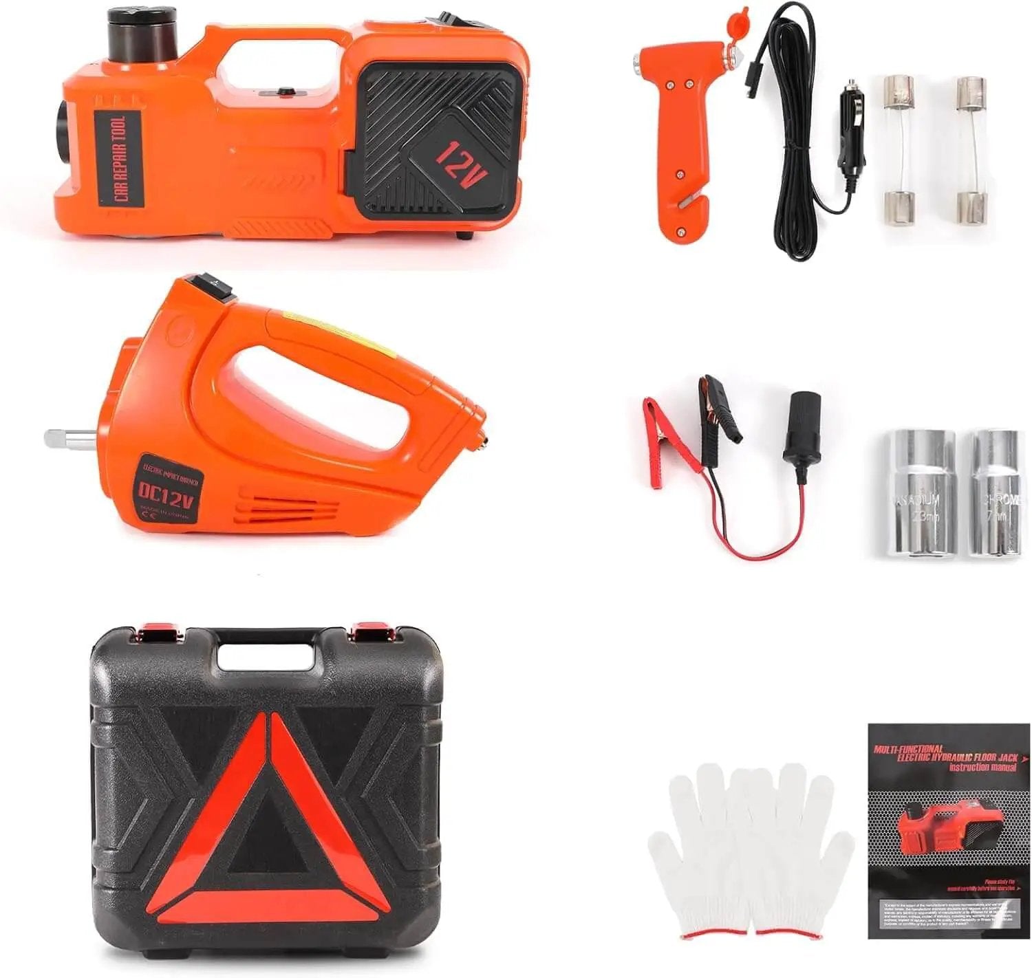 Electric Car Jack Kit 5 Ton 12V Hydraulic Floor Jack With Impact Wrench And Inflatable Pump for SUV, tools, and case