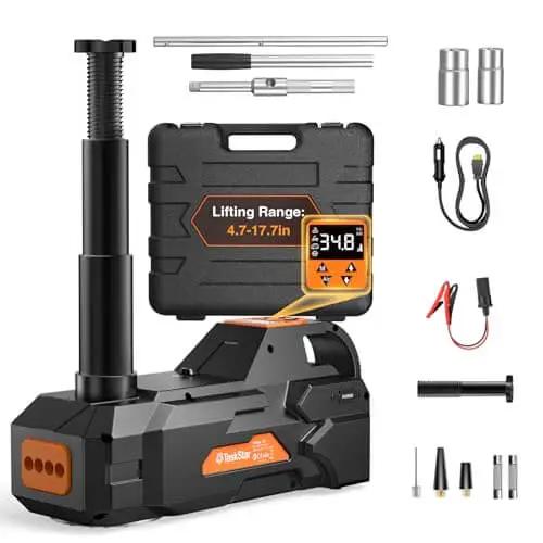 Low Profile 5 Ton 12V Electric Car Jack Kit With Built In Inflator LED Light And Wrench Ultra Low 4 Point 7 Inch Start Height To 17 Point 7 Inch Lift For SUVs Sedans Trucks And EVs Easy Tire Changes And Garage Repairs, showing components and carrying case.