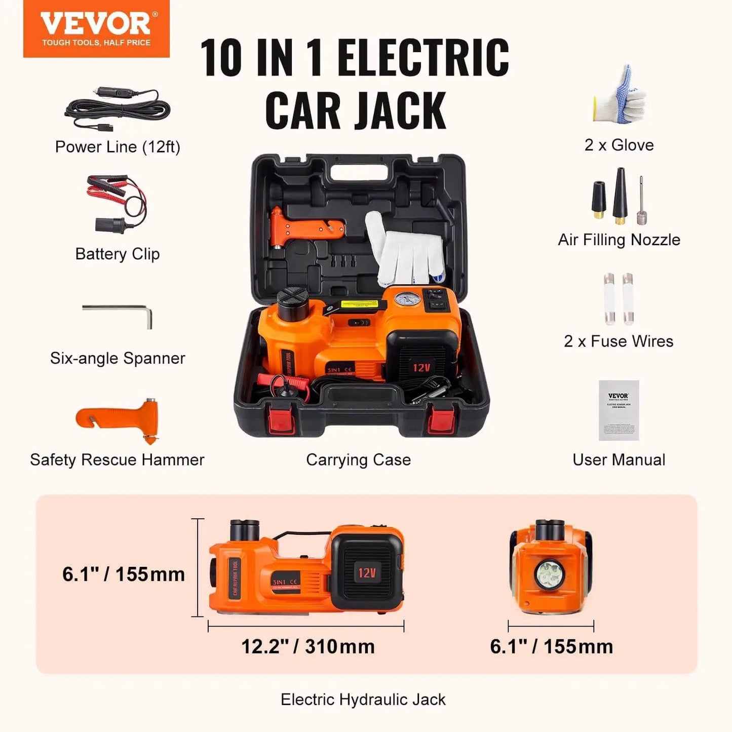 5 Ton Electric Car Jack With Built In Inflator Pump And LED Light For Cars SUVs And Trucks Hydraulic Lift 6.1 To 17.7 Inches