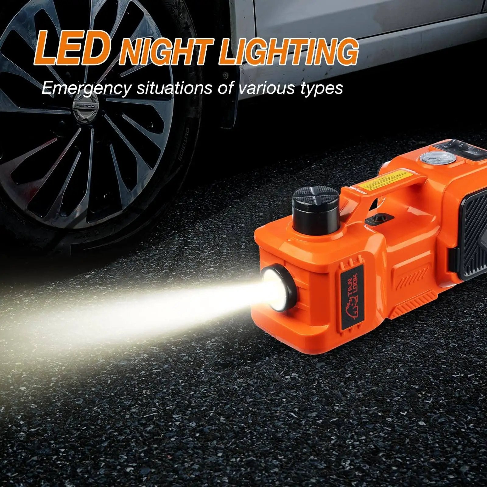 5-Ton Electric Car Jack Kit With Hydraulic Lift, Tire Inflator, And Impact Wrench, LED light in use beside car tire