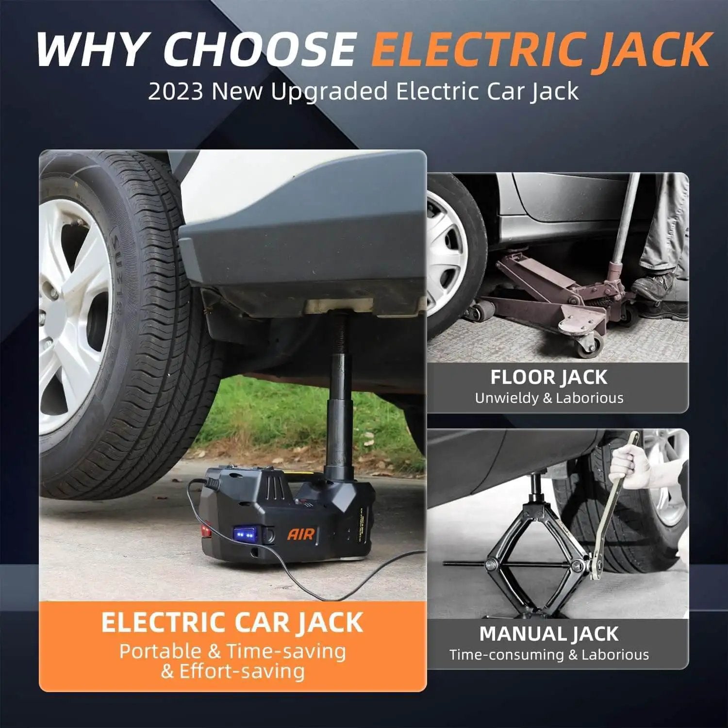 Electric car jack lifting vehicle beside manual and floor jack comparison