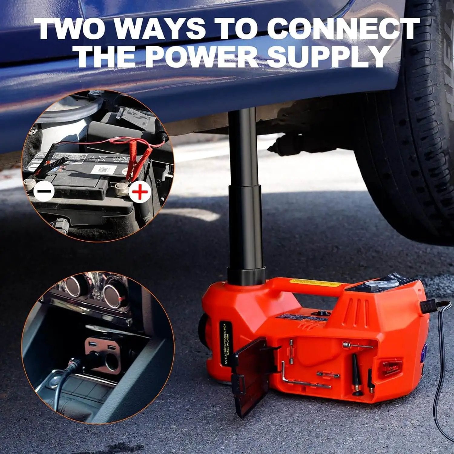 5 In 1 Electric Hydraulic Car Jack Kit with 12V Floor Jack Impact Wrench Tire Inflator Pump and LED Light for SUV shown in use