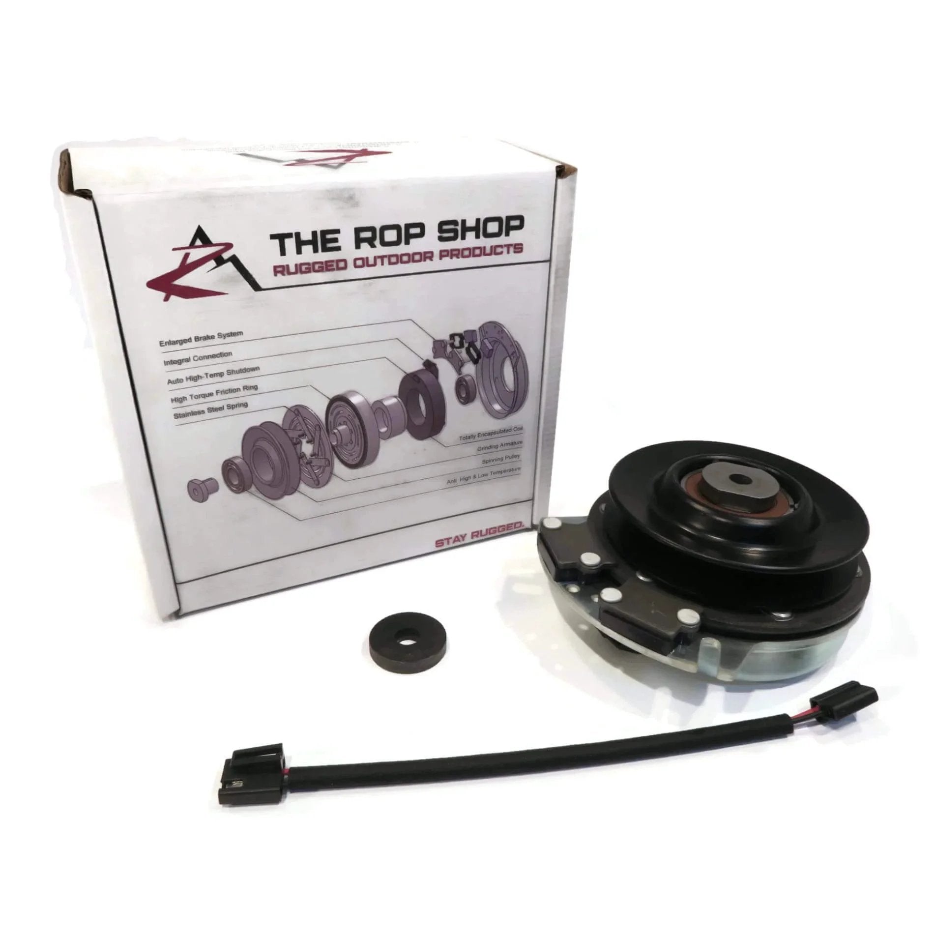 Electric PTO Clutch for 2006 Country Clipper Jazee SR100, SR105, SR200, SR300 with box, harness, and components displayed