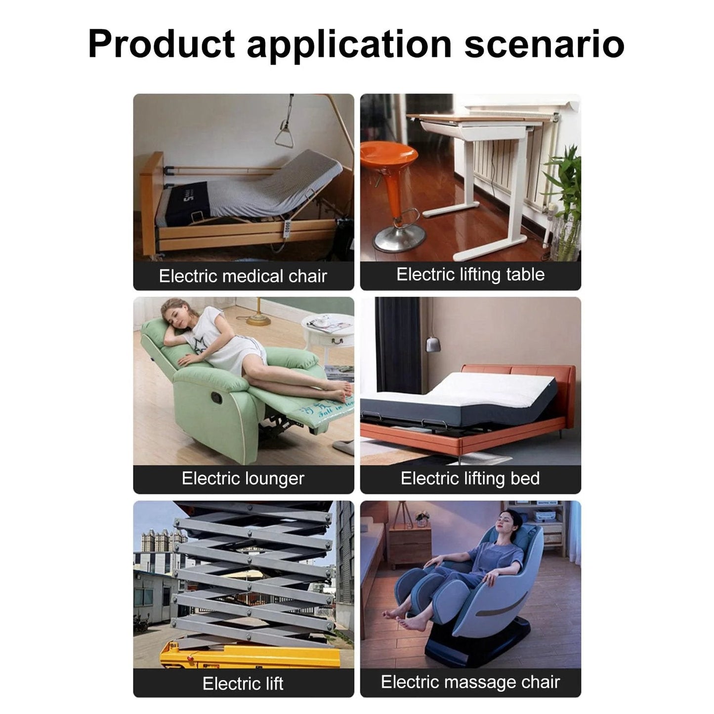 Product application scenarios for Electric Linear Actuator Slide Block For Power Recliners And Lift Chairs in various furniture types.