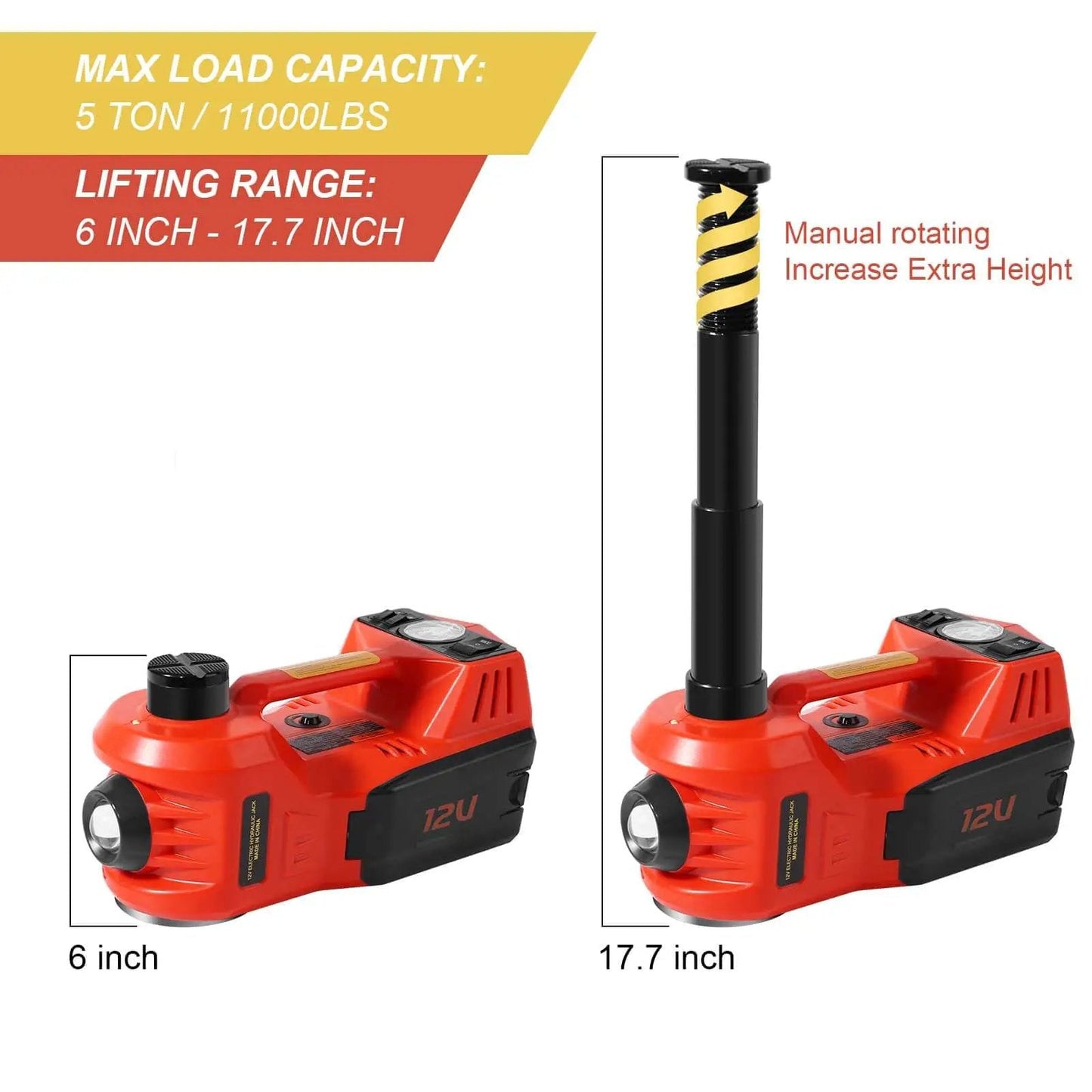 Five Ton Electric Hydraulic Car Jack Kit With LED Light For Cars SUVs And Trucks Portable Quick Lift From Six To Seventeen Point Seven Inches Red