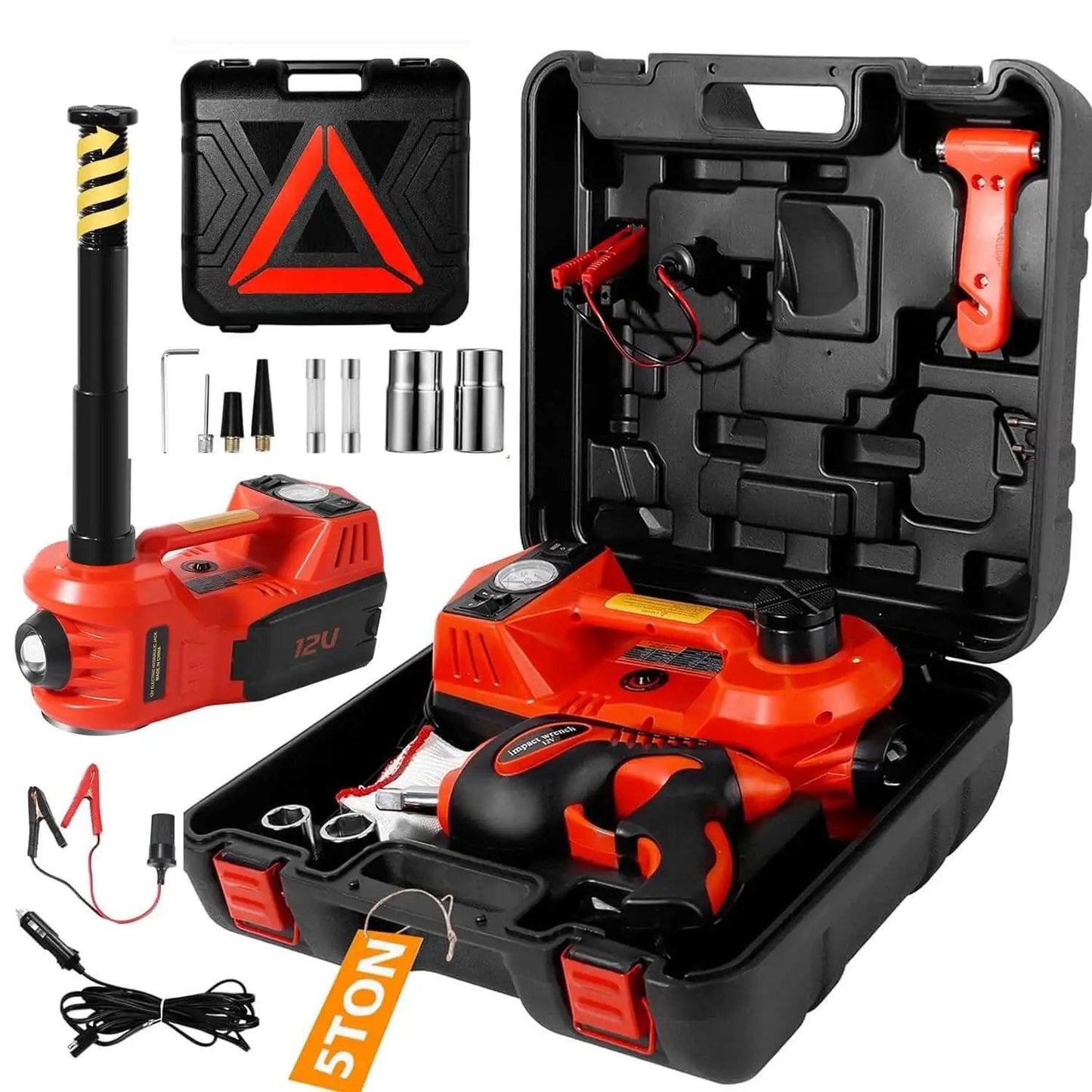 5 In 1 Electric Hydraulic Car Jack Kit With 12V Floor Jack Impact Wrench Tire Inflator Pump And LED Light For SUV And Sedan Tire Change Lifting Height 6 To 17.7 Inches Portable Hydraulic Car Jack in carrying case