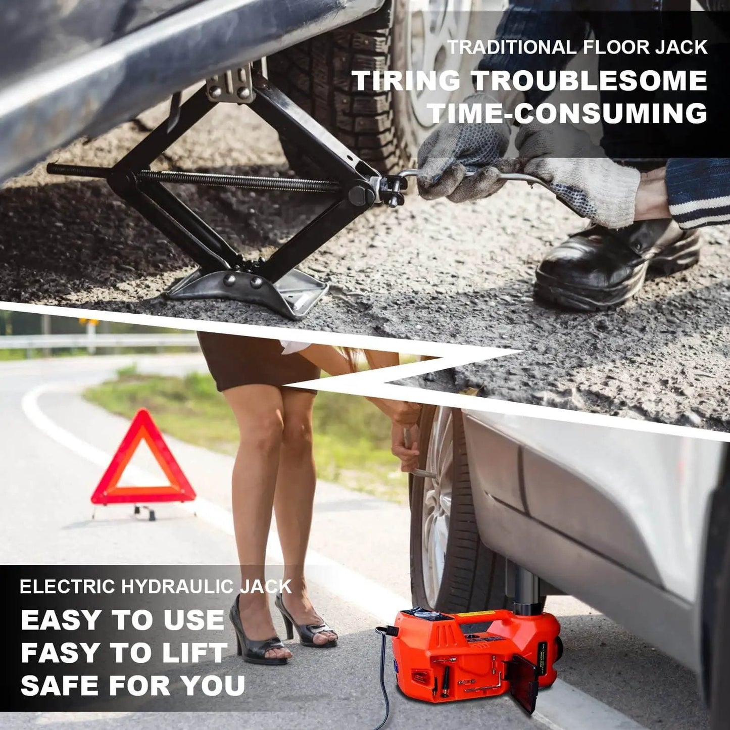 Five Ton Electric Hydraulic Car Jack Kit With LED Light For Cars SUVs And Trucks Portable Quick Lift from six to seventeen point seven inches red with built-in LED illumination in use on roadside