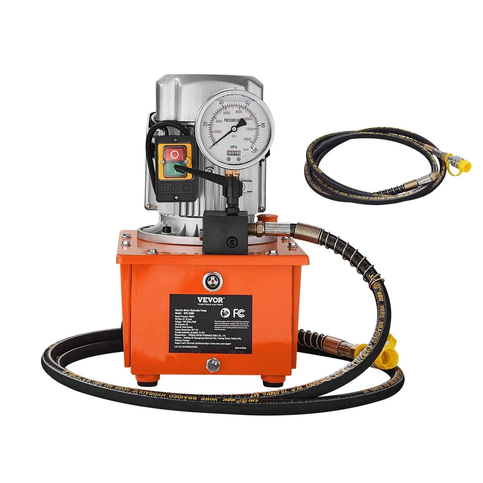 Electric Hydraulic Pump, 10000 PSI 750W 110V, orange unit with gauge and lever, two long hoses attached, single acting manual valve