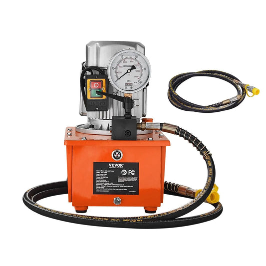 Electric Hydraulic Pump, 10000 PSI 750W 110V, orange unit with gauge and lever, two long hoses attached, single acting manual valve
