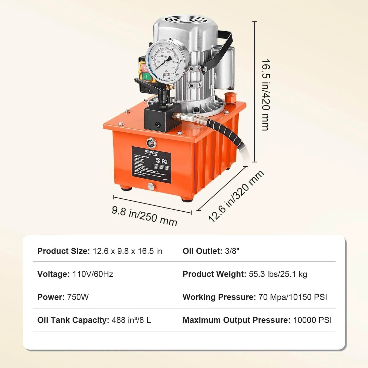 Electric Hydraulic Pump, 10000 PSI 750W 110V, 488 in³/8L Capacity with manual valve, orange unit front view.