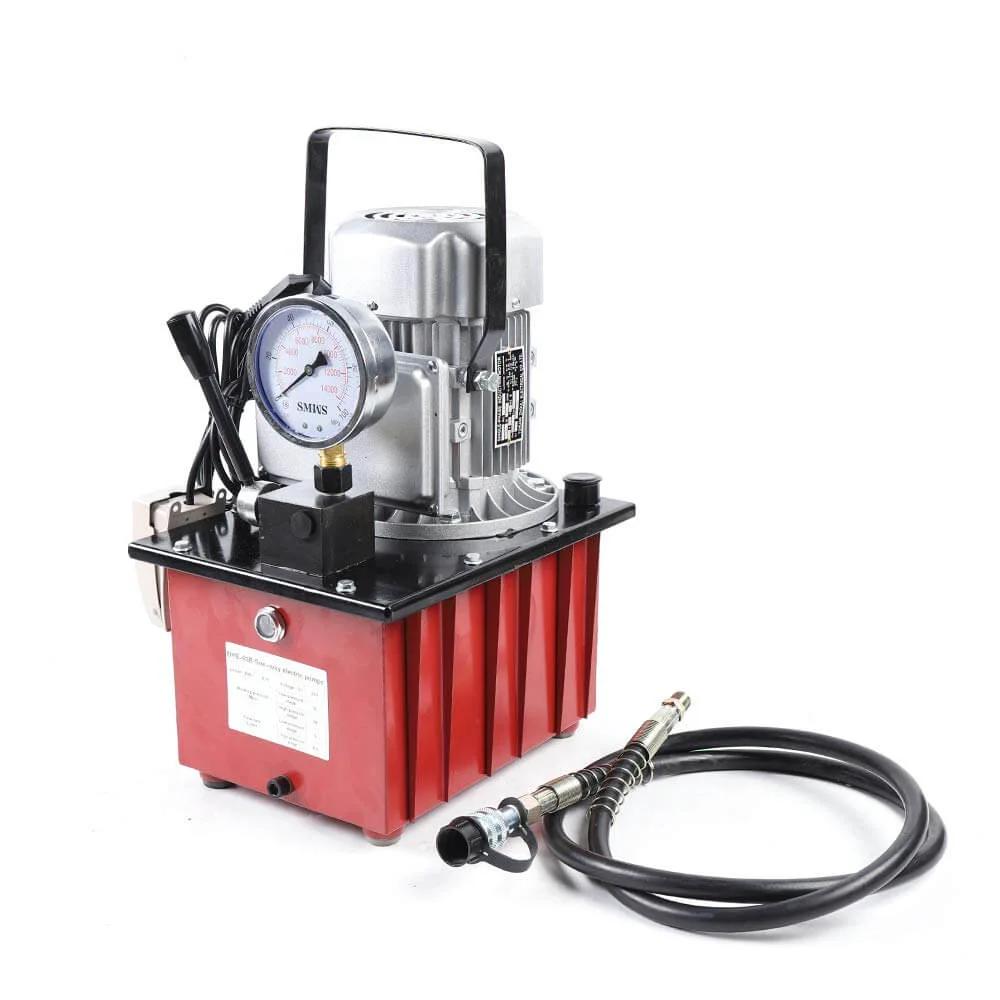 HinLIaDa 10000PSI Electric Hydraulic Pump, 750W 110V, red, with gauge and hose, side view