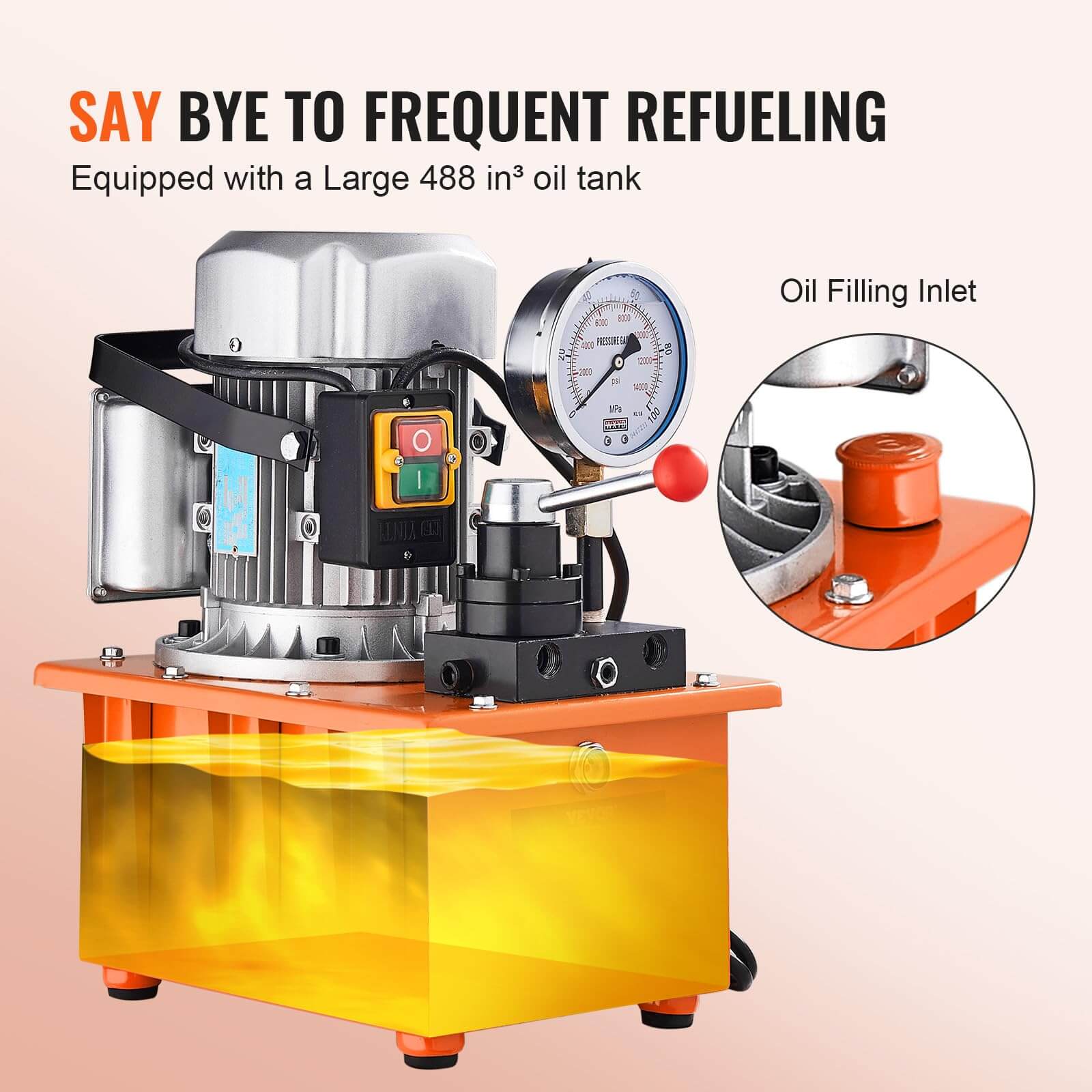 10000 PSI 750W 110V 488 in³/8L Capacity, Double Acting Manual Valve, Electric Driven Hydraulic Pump Power Pack Unit, Oil Inlet View, Orange