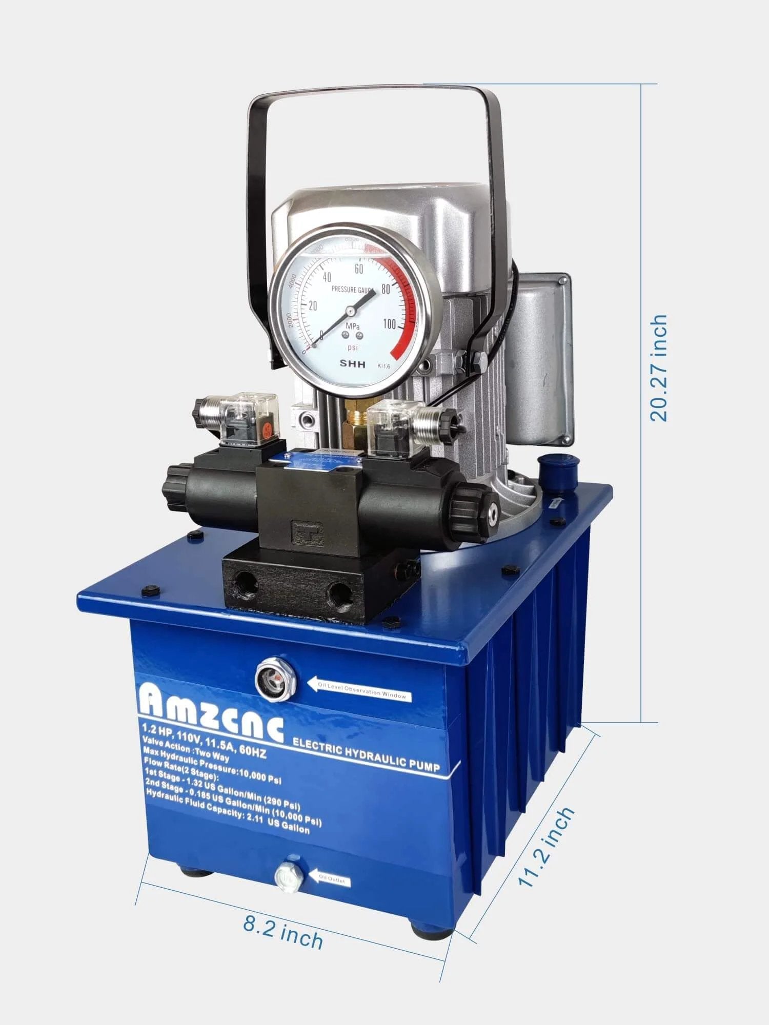 Front view of AMZCNC Two Way Electric Hydraulic Pump 10,000 PSI, 110–120V Power Pack, with pressure gauge and blue casing.