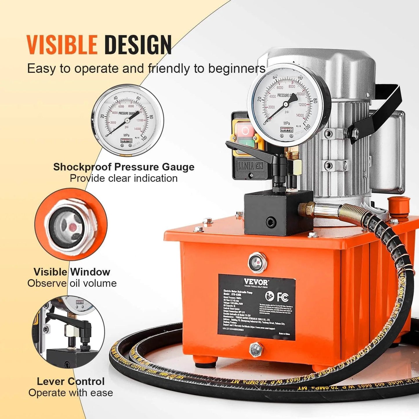 Electric Hydraulic Pump, 10000 PSI 750W 110V with gauge and lever control, shockproof design, visible window, 8L capacity