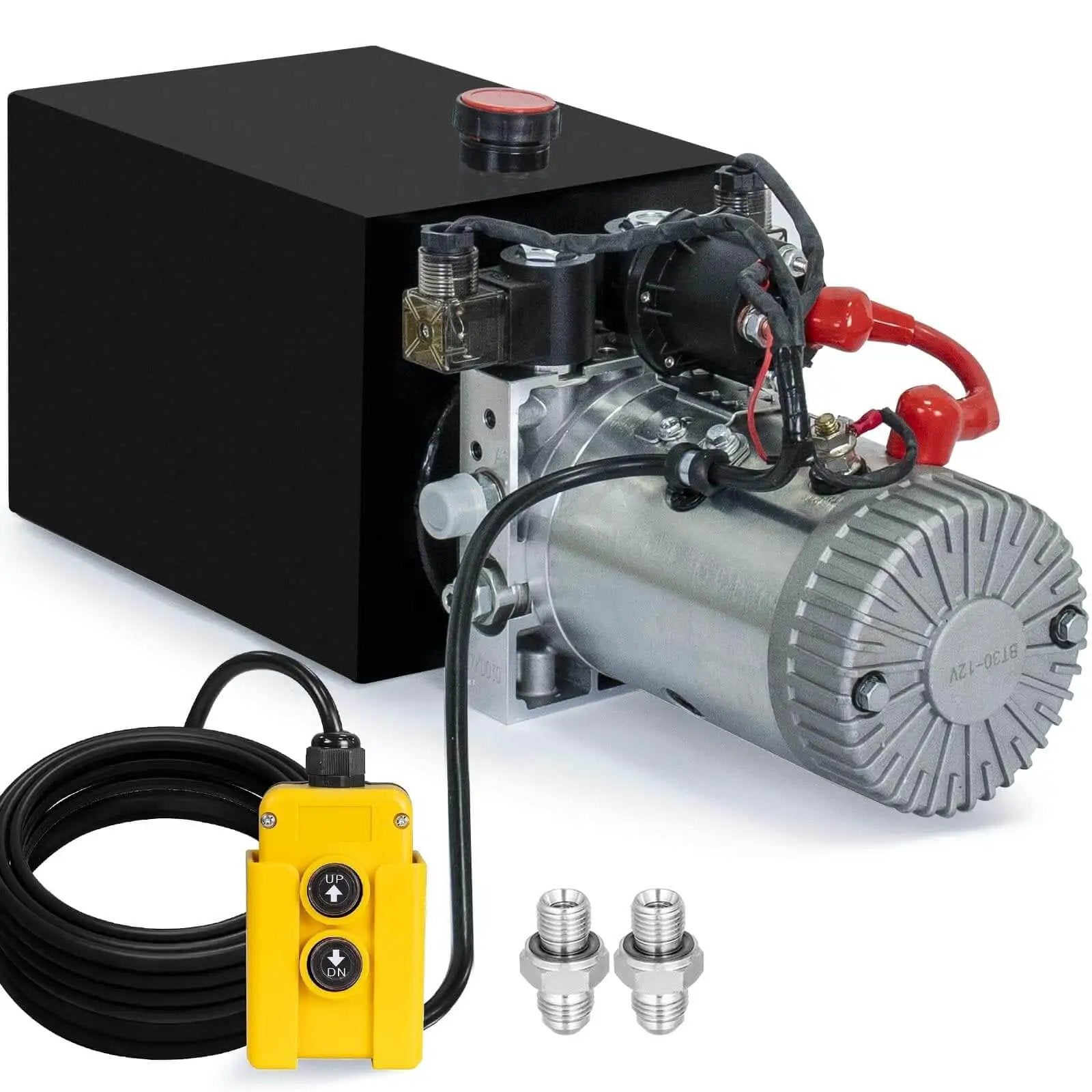 Heavy Duty Electric Hydraulic Pump Unit For Dump Trailer With Metal Reservoir 12V DC Motor 3200 PSI Max Pressure Double Acting Cylinder Lifts Up To 5 Tons And Handles Tough Loads By DC House. Front view of silver-black pump with wire and attachments.