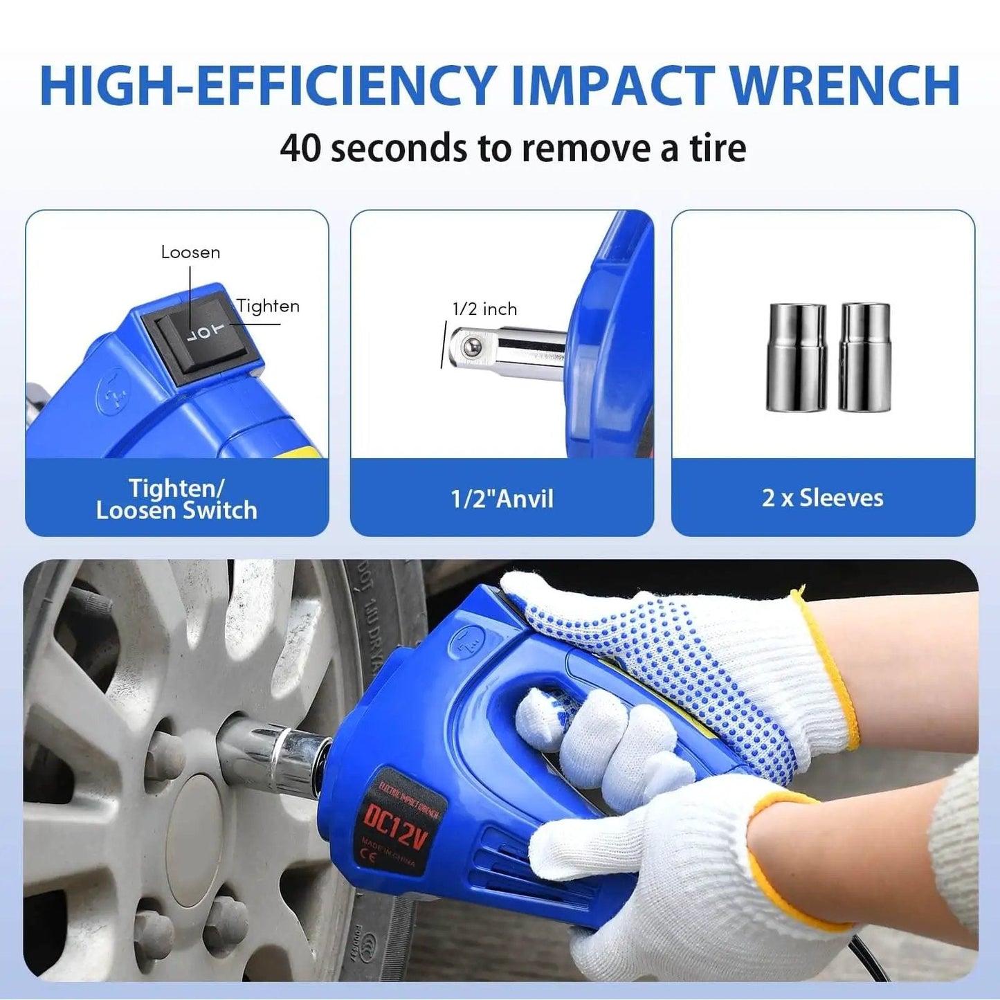 High-efficiency impact wrench from the Powerful 5 Ton 12V Electric Car Jack Kit With Built In Inflator And Impact Wrench Heavy Duty Hydraulic Floor Jack For SUV Sedan Truck Lifts Vehicles Fast In Minutes Complete Auto Repair Tool Set In Durable Blue, being used on a tire.