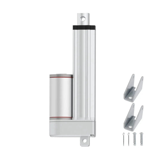 Electric Linear Actuator with 250mm Stroke, aluminum one-piece body, shown with mounting brackets, ideal for industrial automation.