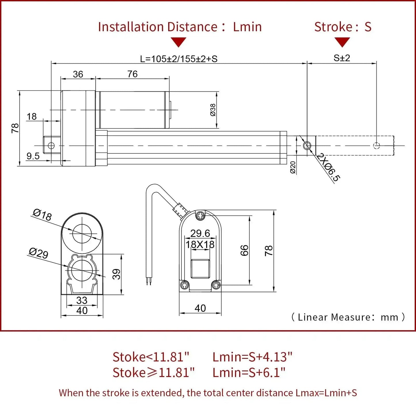 Technical drawing of Electric Linear Actuator with 250mm Stroke and 9.84 Inches Travel, 220 Lbs Thrust, 12V DC, aluminum body