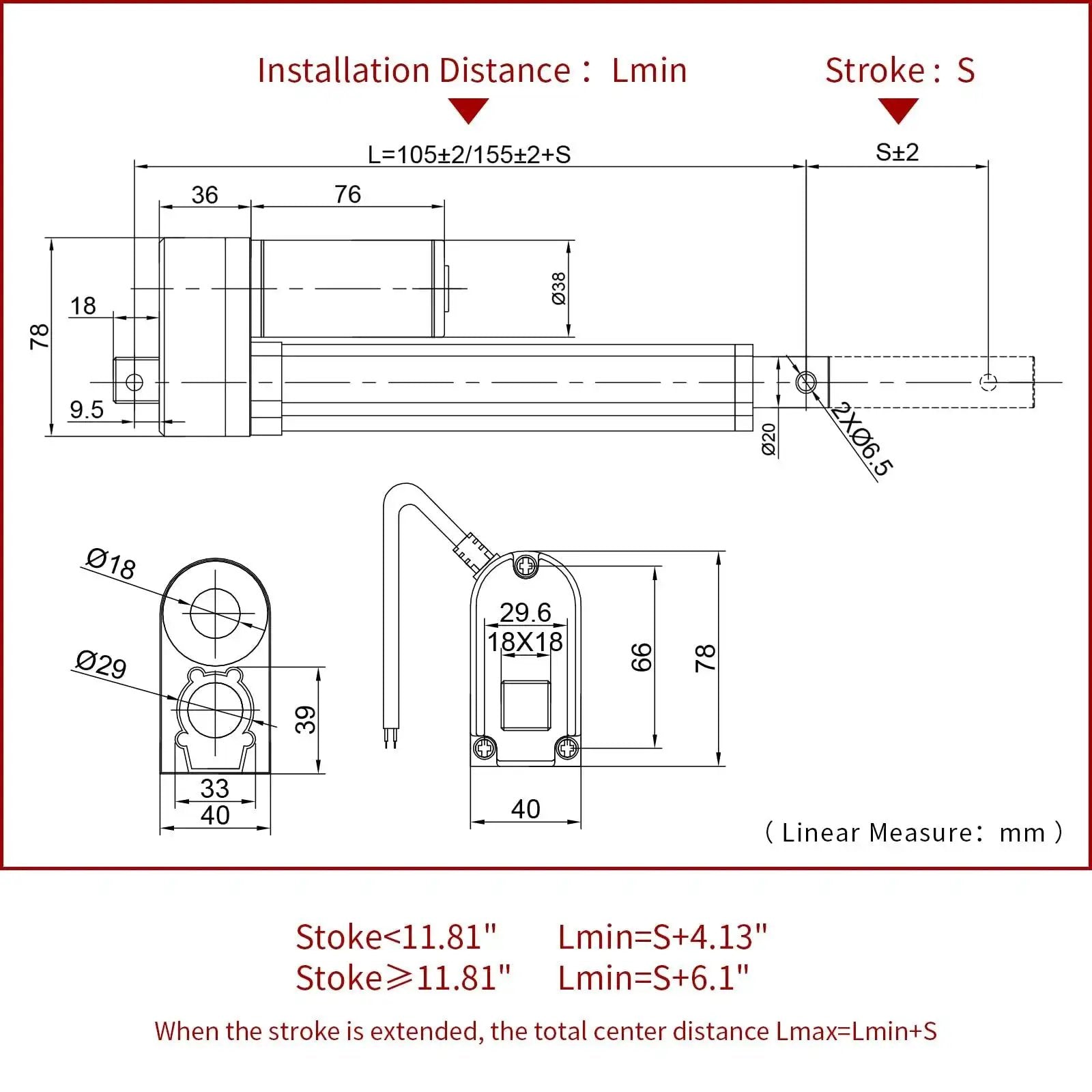 Technical drawing of Electric Linear Actuator with 250mm Stroke and 9.84 Inches Travel, 220 Lbs Thrust, 12V DC, aluminum body
