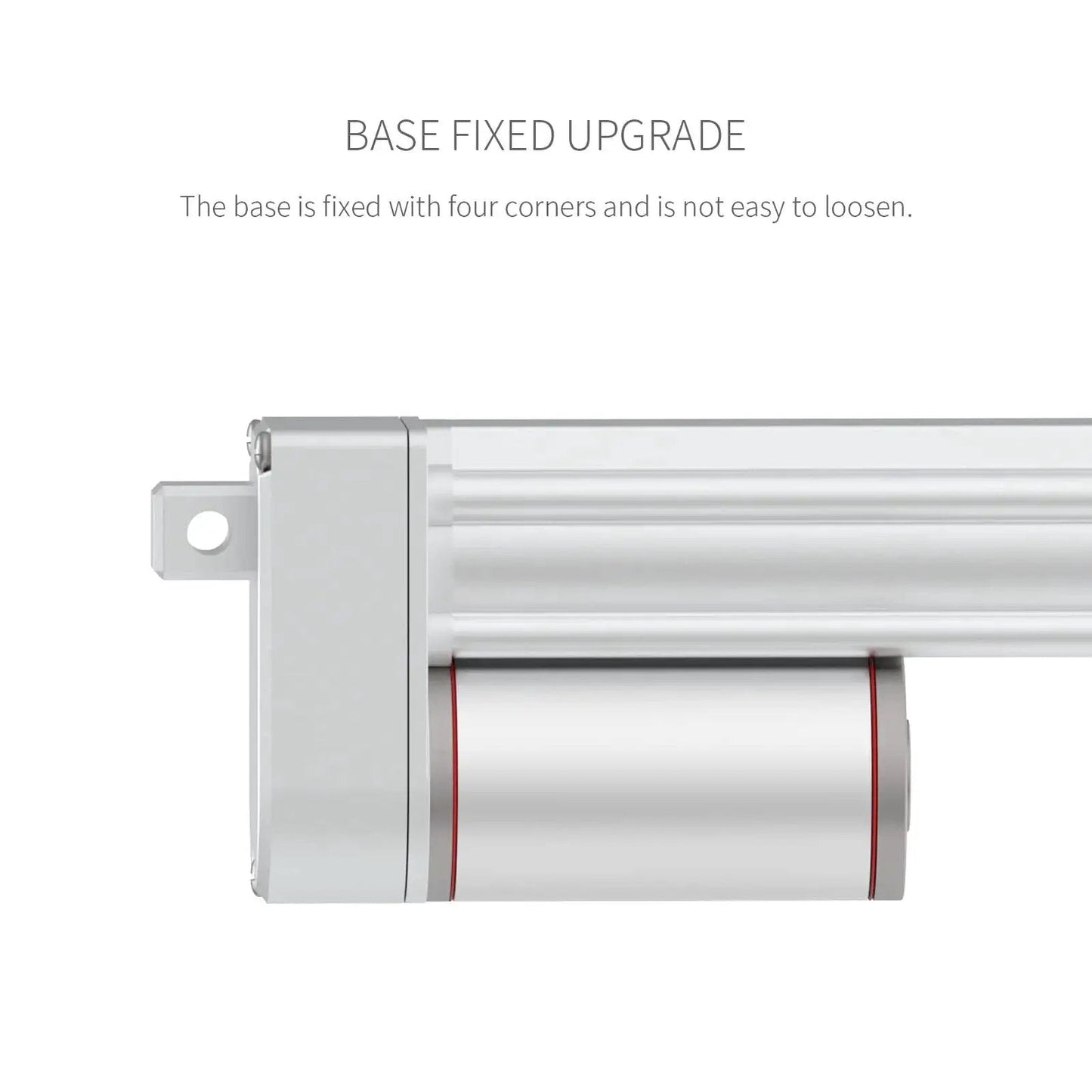 Side view of Electric Linear Actuator with 250mm Stroke and 9.84 Inches Travel, 220 Lbs Thrust, aluminum body, showing base fixed upgrade