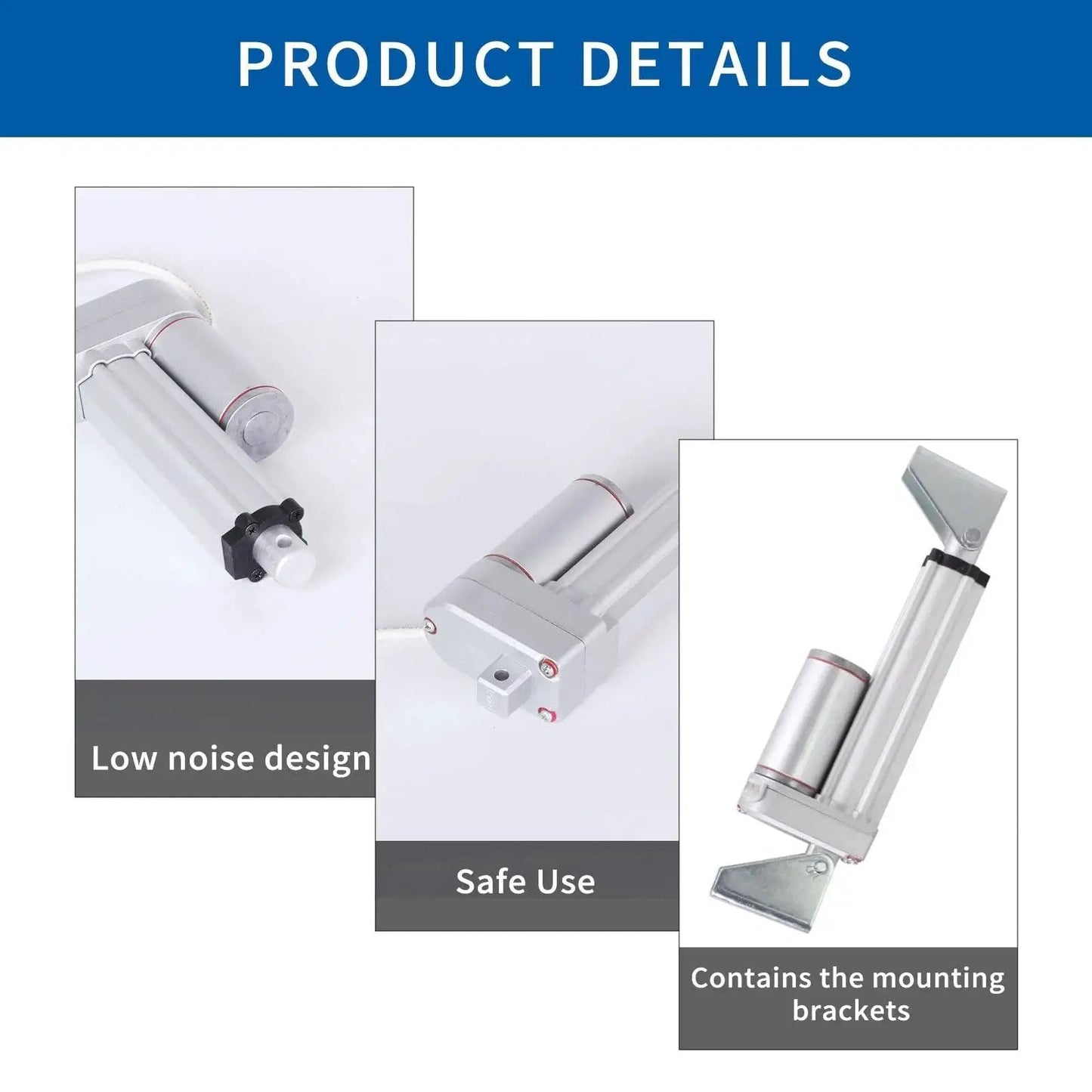 Beefy 10 Inch Stroke 250mm Beefy 12V Electric Linear Actuator showing design, usage, and included mounting brackets