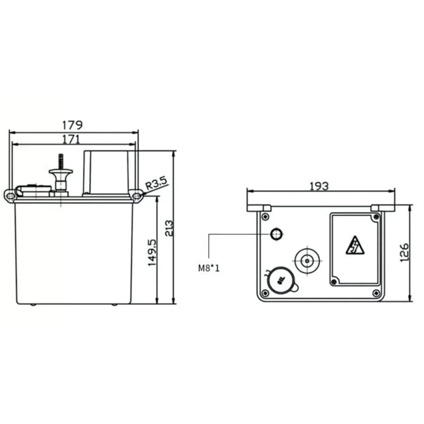 Technical diagram of Electric Intermittent Lubrication Pump for CNC Machines, Automatic Oil Pump Lubricator dimensions shown