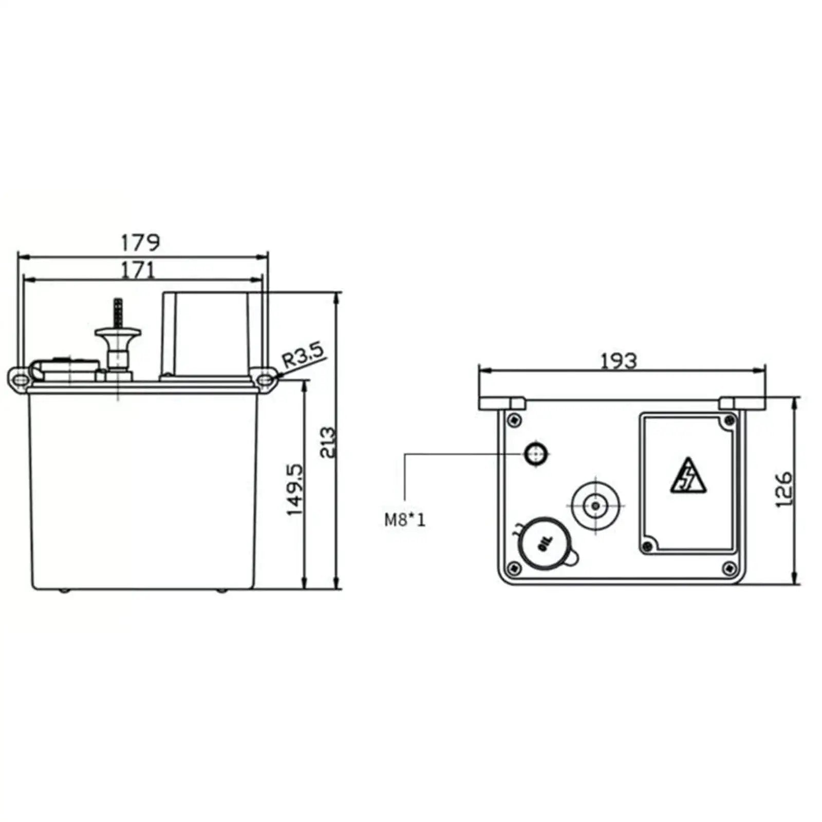 Technical diagram of Electric Intermittent Lubrication Pump for CNC Machines, Automatic Oil Pump Lubricator dimensions shown