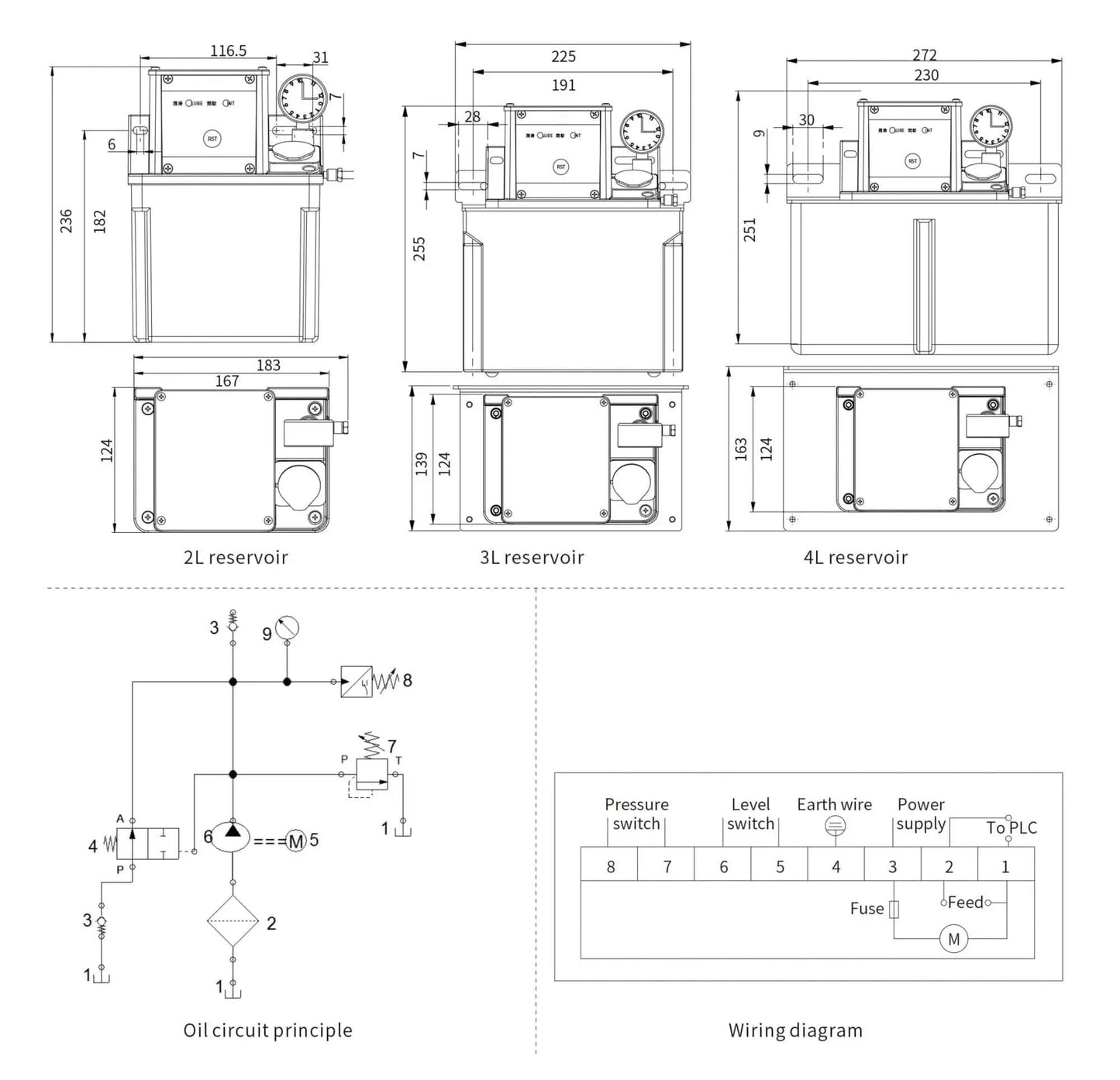 Dimensions and wiring diagram of Electric Volumetric Thin Oil Lubrication Pump with Low Level Sensor for CNC Machine Tools 220V.