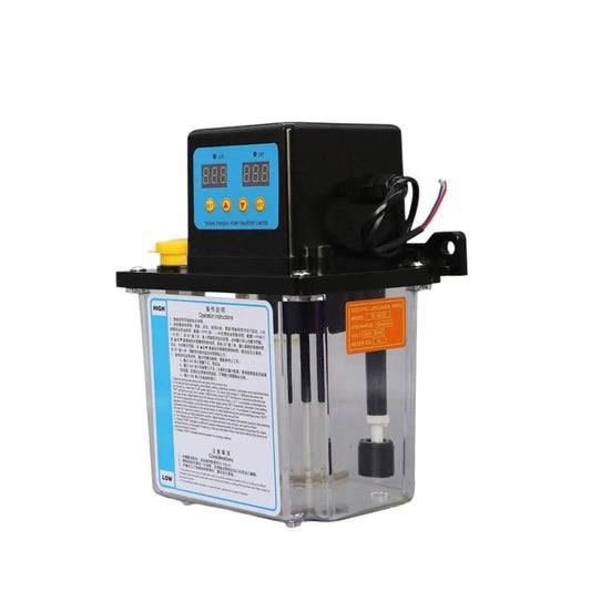 Front view of 2L Automatic Electric Oil Lubrication Pump for CNC Machines, transparent tank, digital display, AC 110V and AC 220V compatible system