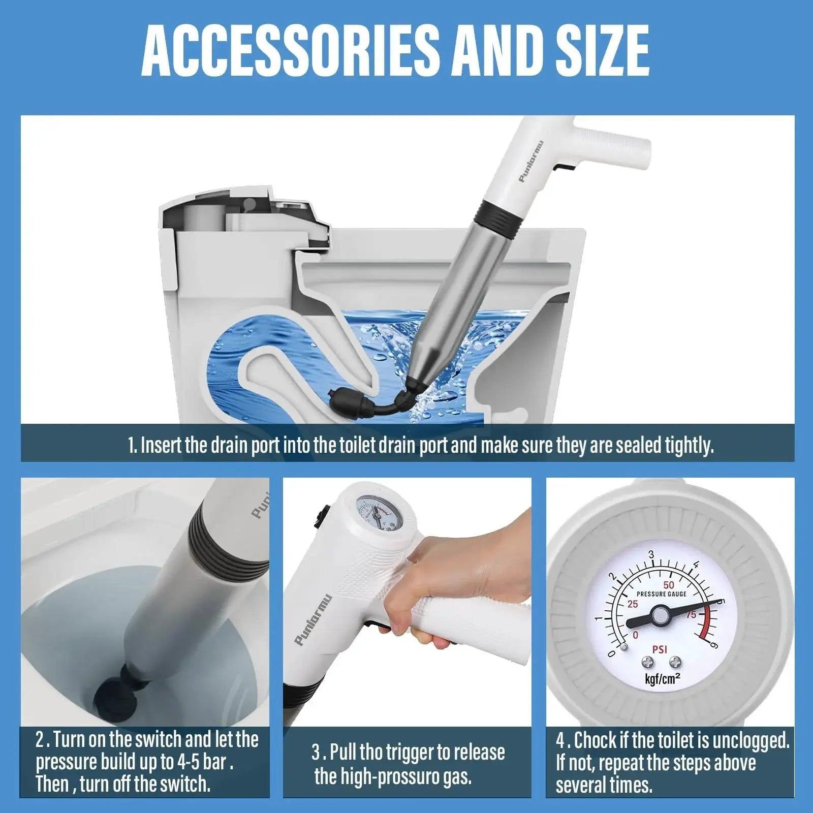 Instructional guide for Electric Toilet Plunger That Clears Clogs Fast With 6 Bar Pressure And Built In Air Pump No Pumping No Waiting