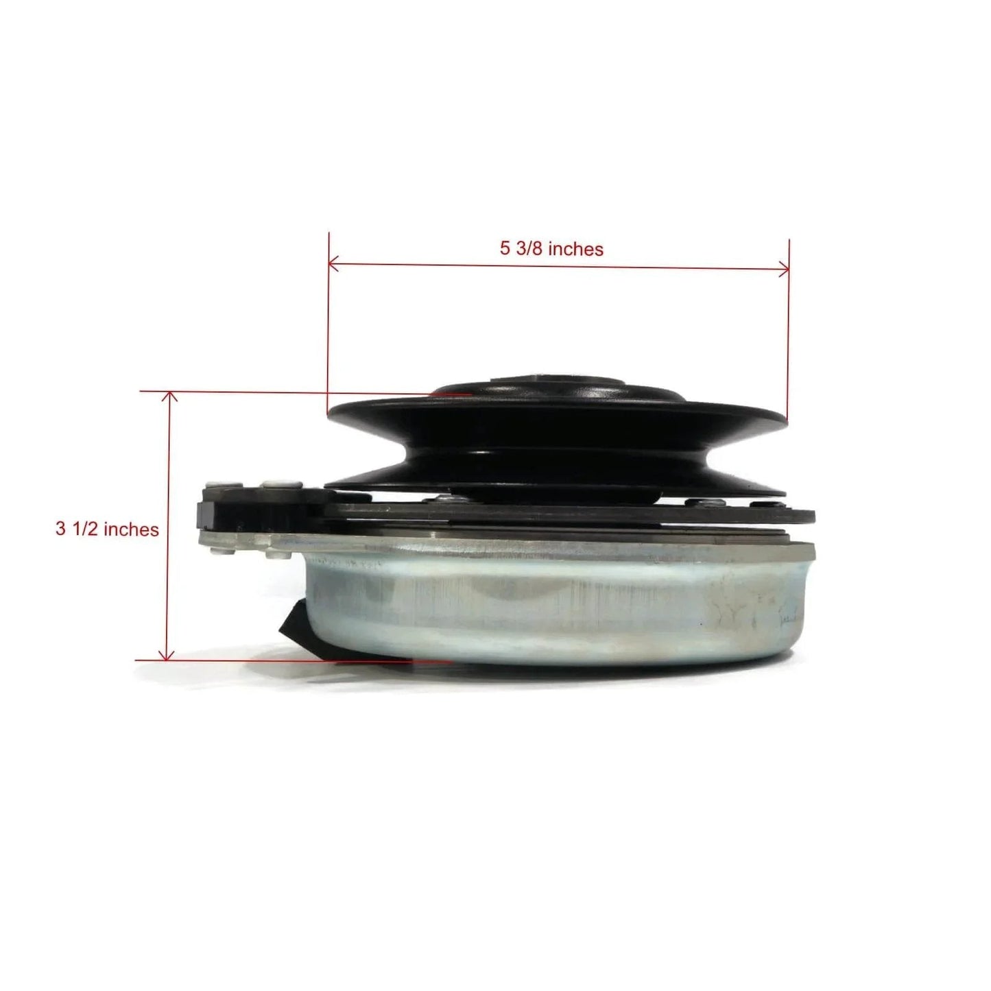 Side view of Electric PTO Clutch for 2006 Country Clipper Jazee SR100, SR105, SR200, SR300, showing dimensions and metal construction