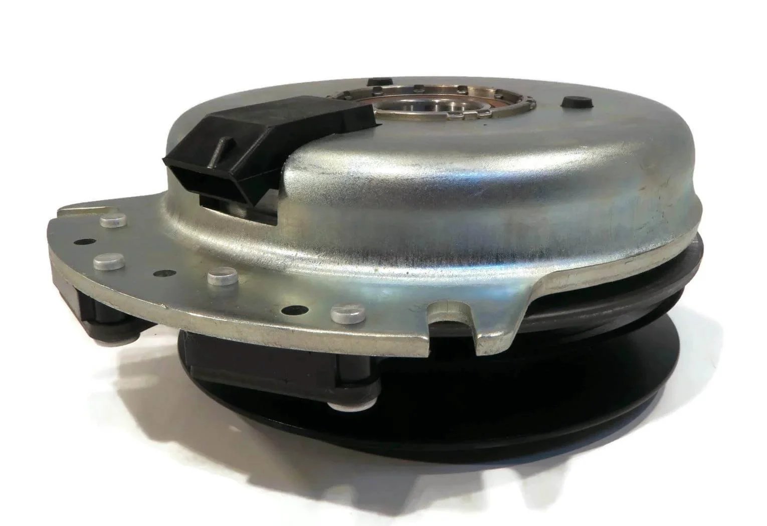 Side view of Electric PTO Clutch for Exmark 103-0662, 27-30HP Kohler Lazer Z with metal housing and pulley