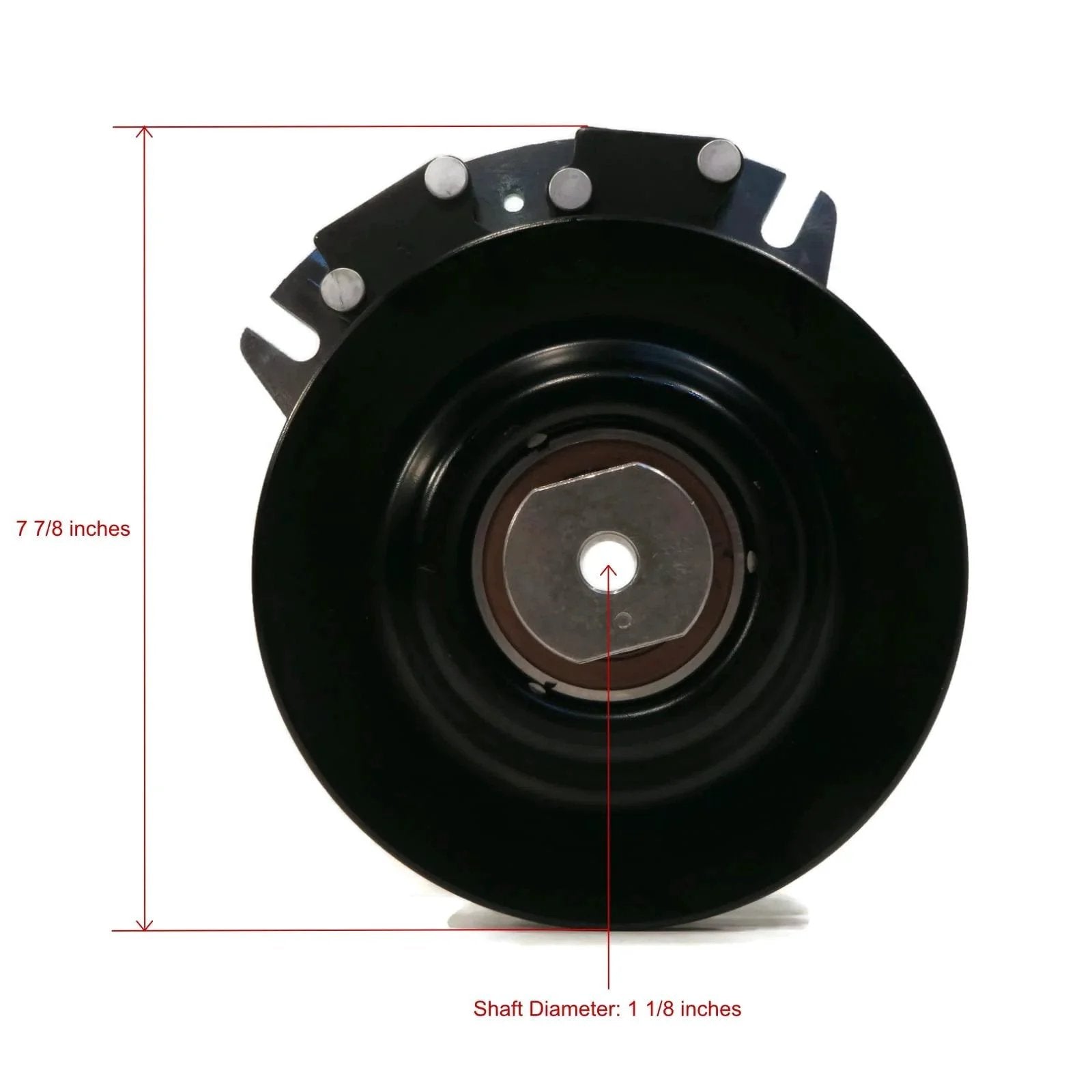Front view of Electric PTO Clutch for Hustler 601311 fits Series ATZ, Z4, Super Z, w/XR-7 Deck, black metal with specifications.