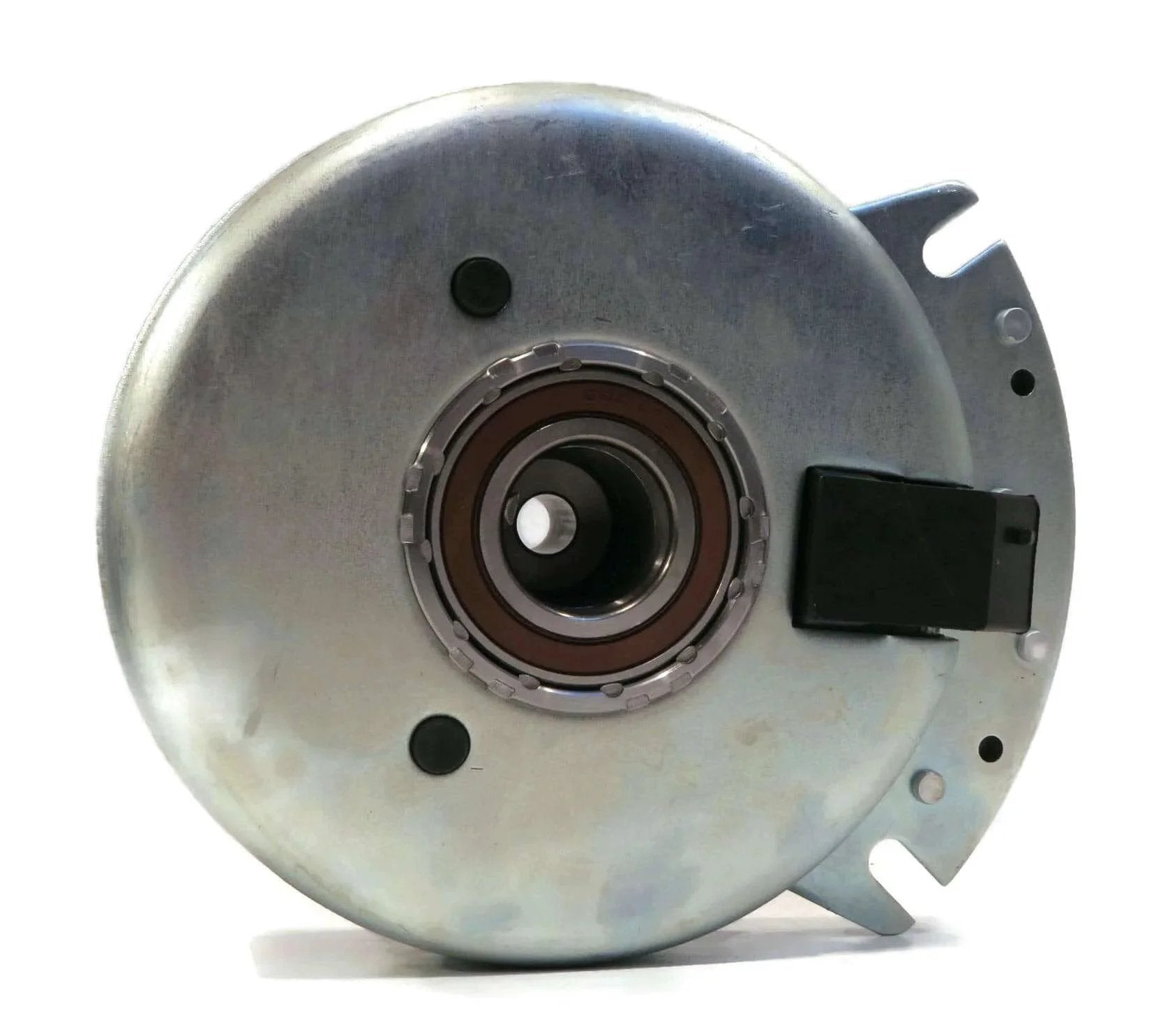 Electric PTO Clutch for Hustler 601311 fits Series ATZ, Z4, Super Z, w/XR-7 Deck front view showing metal housing and wiring harness