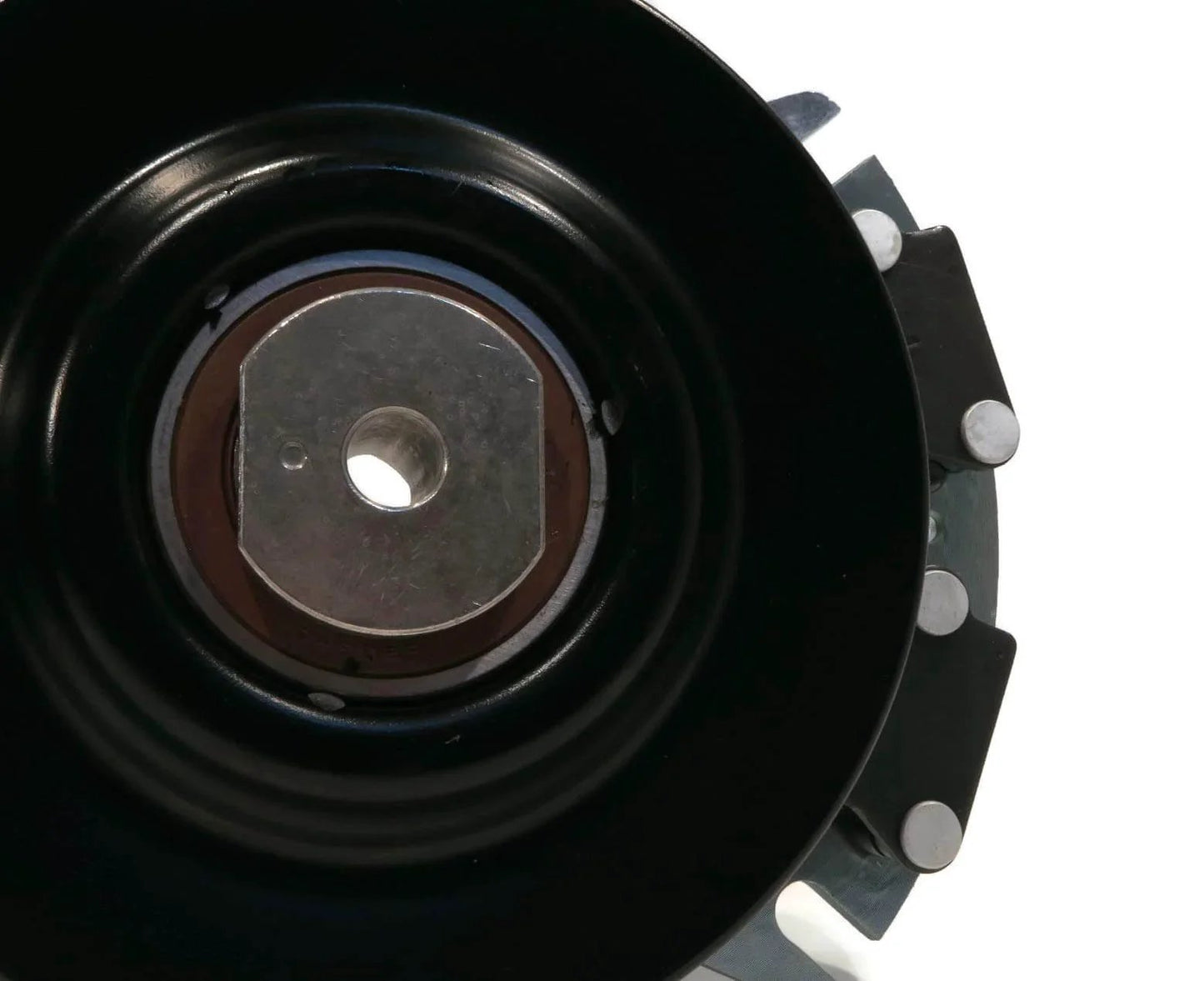 Close-up view of Electric PTO Clutch for Hustler 601311 fits Series ATZ, Z4, Super Z, w/XR-7 Deck showing pulley and parts