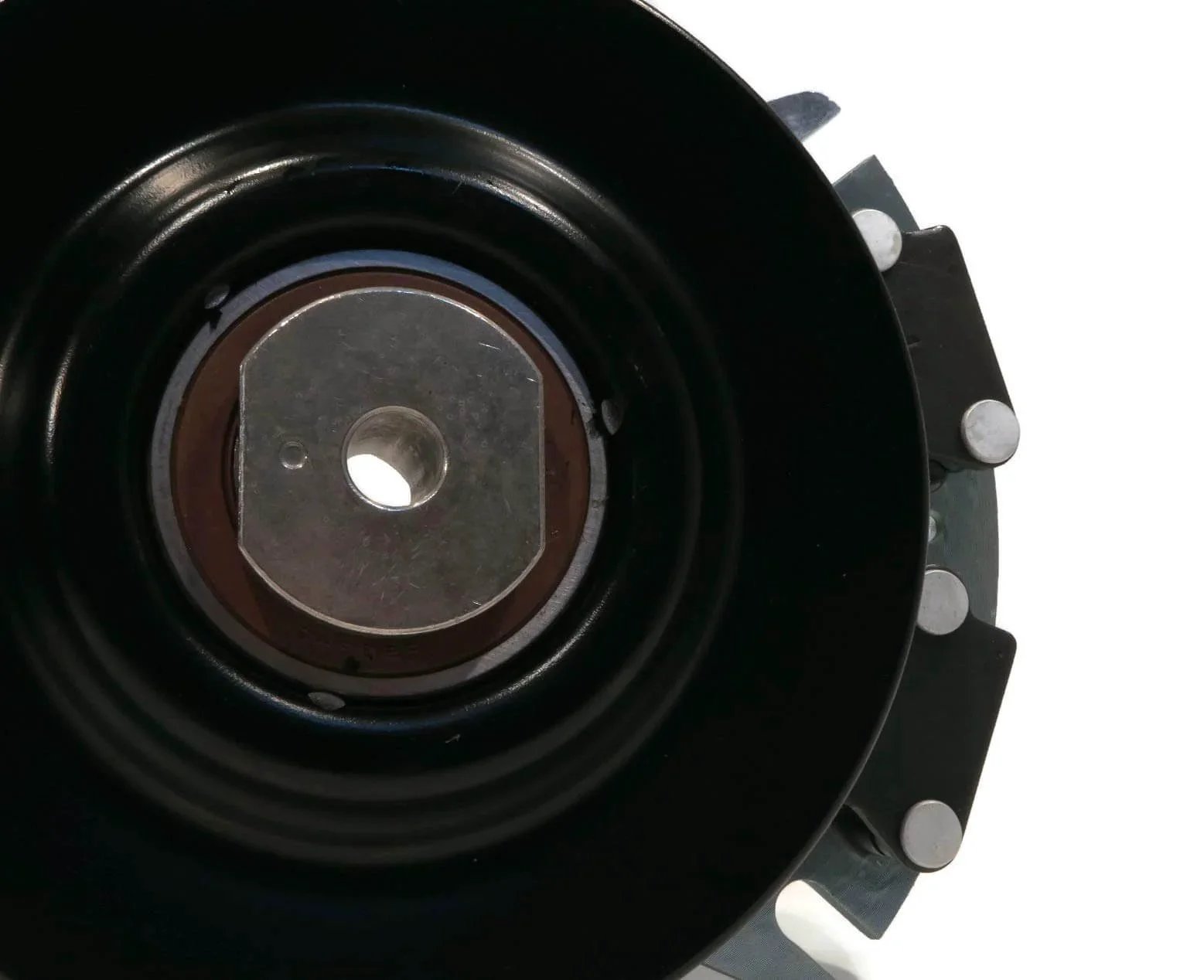 Close-up view of Electric PTO Clutch for Hustler 601311 fits Series ATZ, Z4, Super Z, w/XR-7 Deck showing pulley and parts