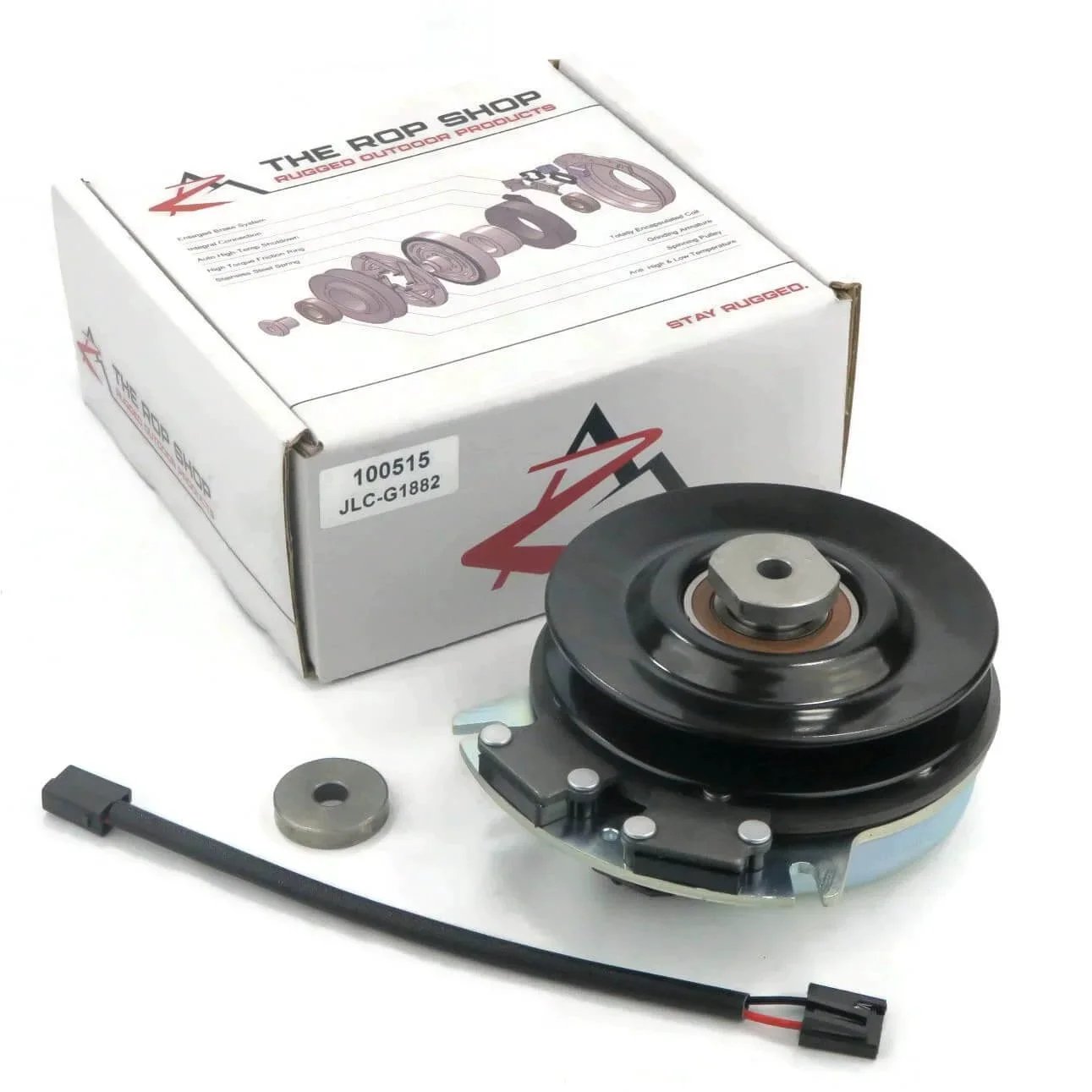 Electric PTO Clutch for Hustler 601311 fits Series ATZ, Z4, Super Z, w/XR-7 Deck next to packaging and wiring harness