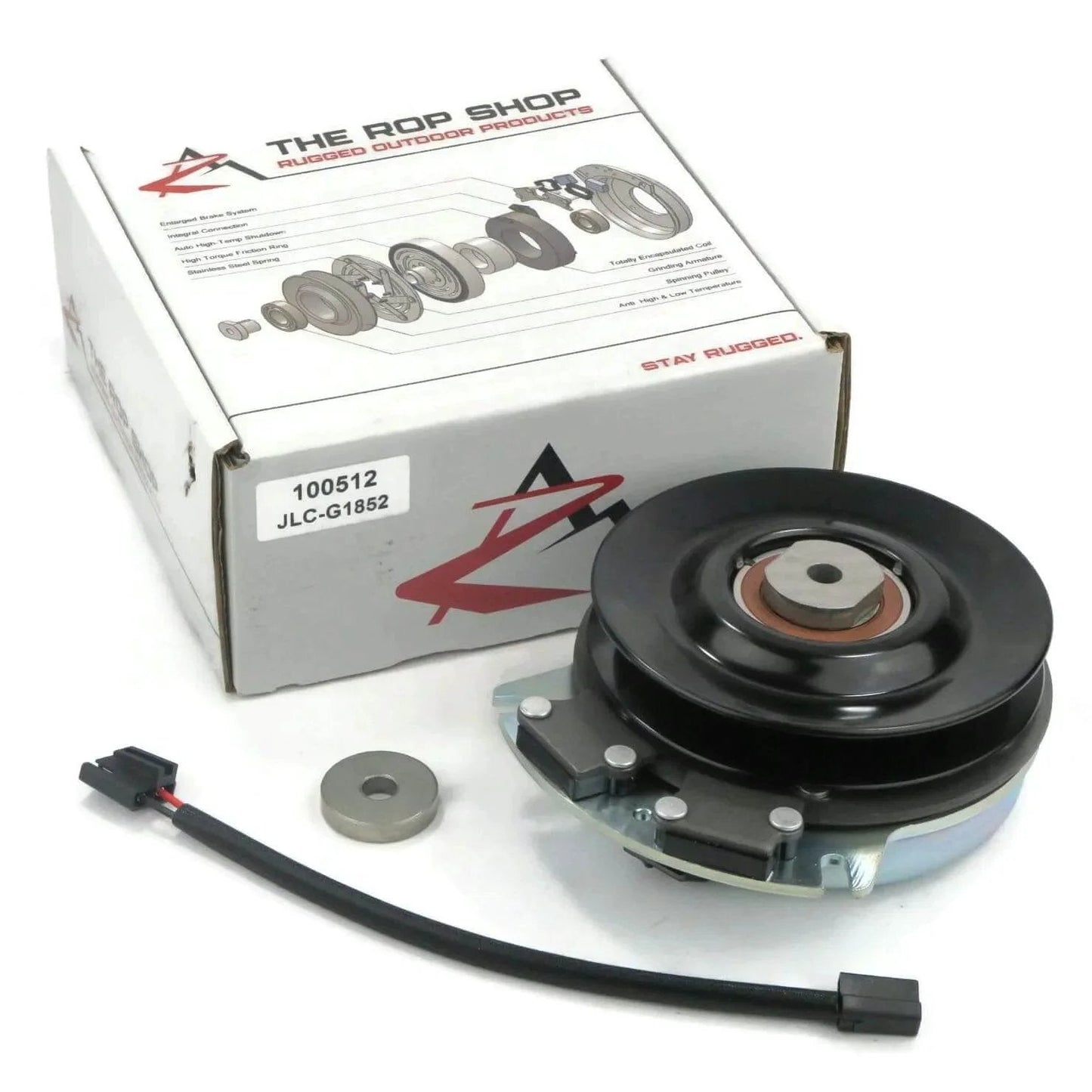 Front view of Electric PTO Clutch for Exmark 103-0662, 27-30HP Kohler Lazer Z with wire harness and packaging box