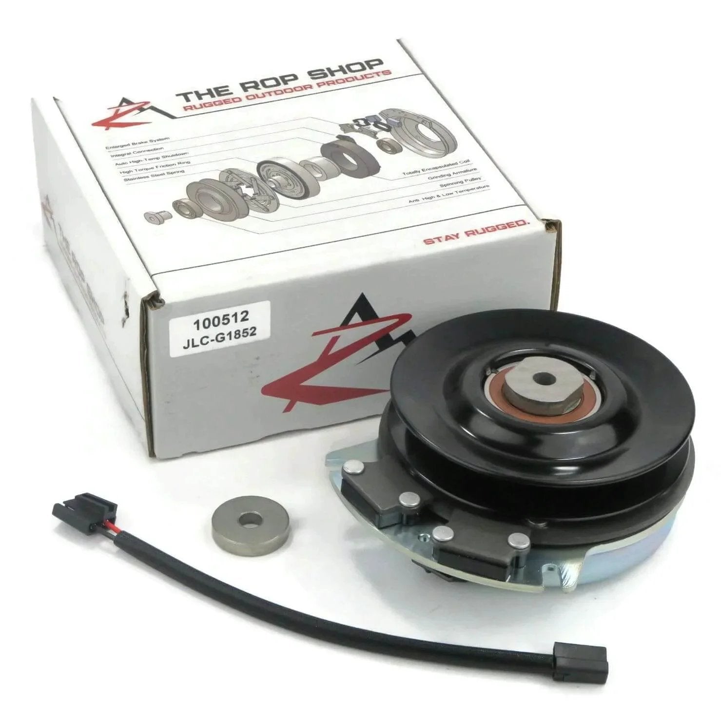 Front view of Electric PTO Clutch for Exmark 103-0662, 27-30HP Kohler Lazer Z with wire harness and packaging box