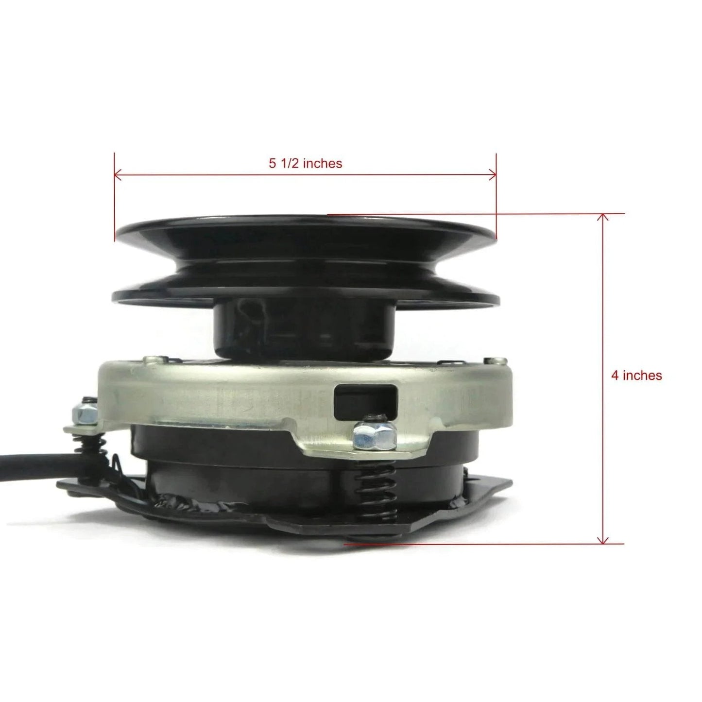Side view of Electric Clutch Replacement for Craftsman174509, 140923 showing dimensions, with black pulley and wiring harness.