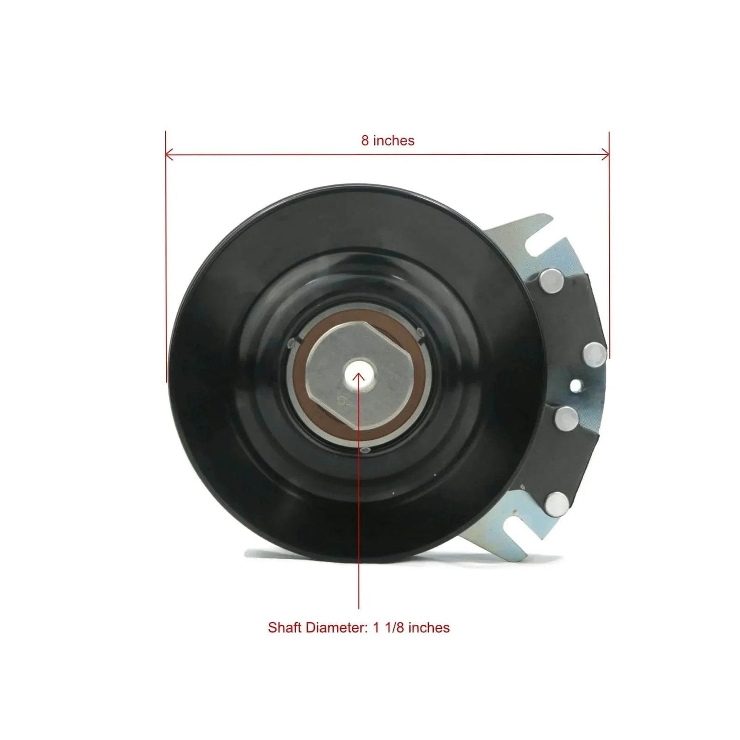 Front view of Electric Pto Clutch-Warner 5218-6 [ste][255-419] showing 1 1/8" diameter shaft and 8" pulley.