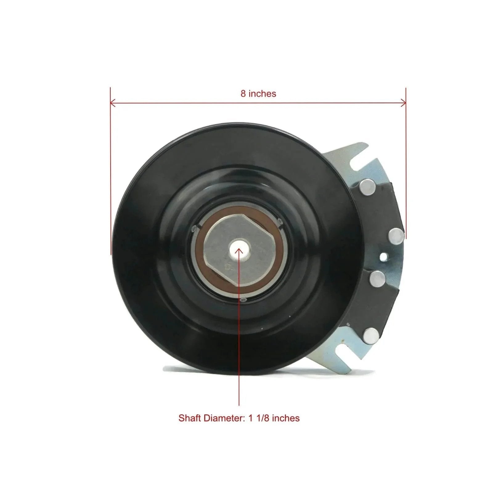 Front view of Electric Pto Clutch-Warner 5218-6 [ste][255-419] showing 1 1/8" diameter shaft and 8" pulley.