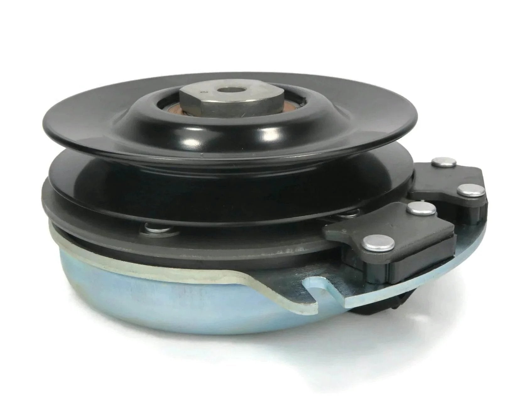 Side view of Electric Pto Clutch-Warner 5218-6 [ste][255-419] with metal pulley and housing, for tractor systems
