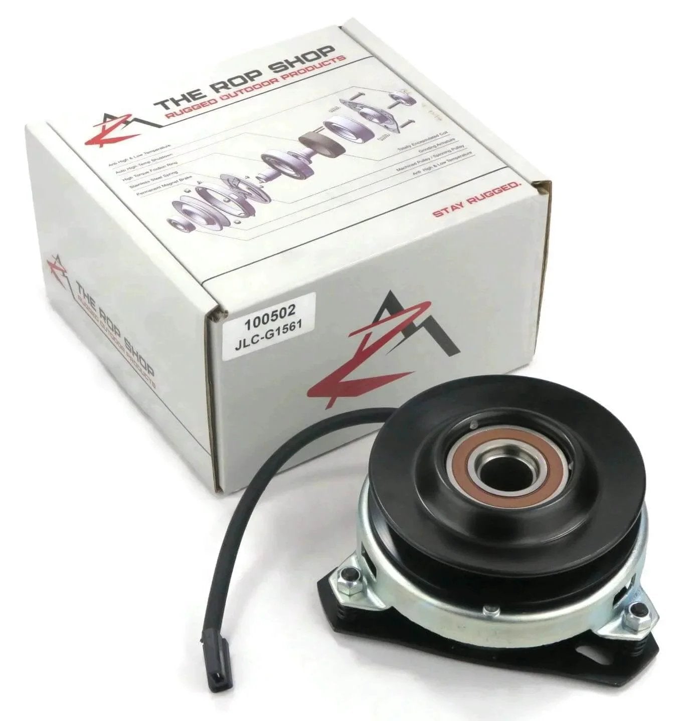 Electric PTO Clutch for Warner 5210-41 with billet pulley and wire harness in front of branded box