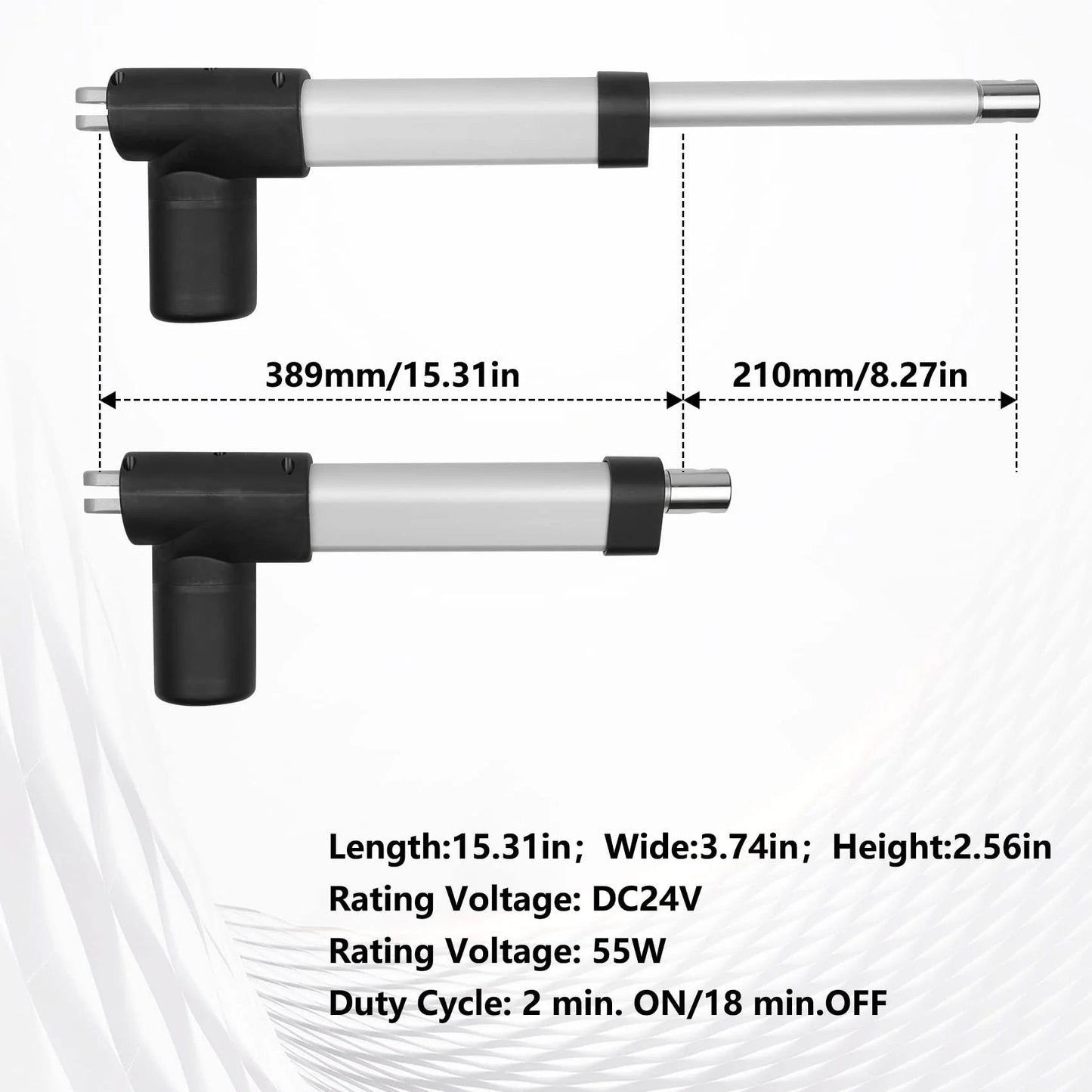 Electric Recliner Actuator Replacement Kit For Lift Chairs 24V DC Linear Motor with 8.27 Inch Stroke and 15.31 Inch Minimum Install Length Feikeer 1.28.000.131.30 side view dimensions and specifications