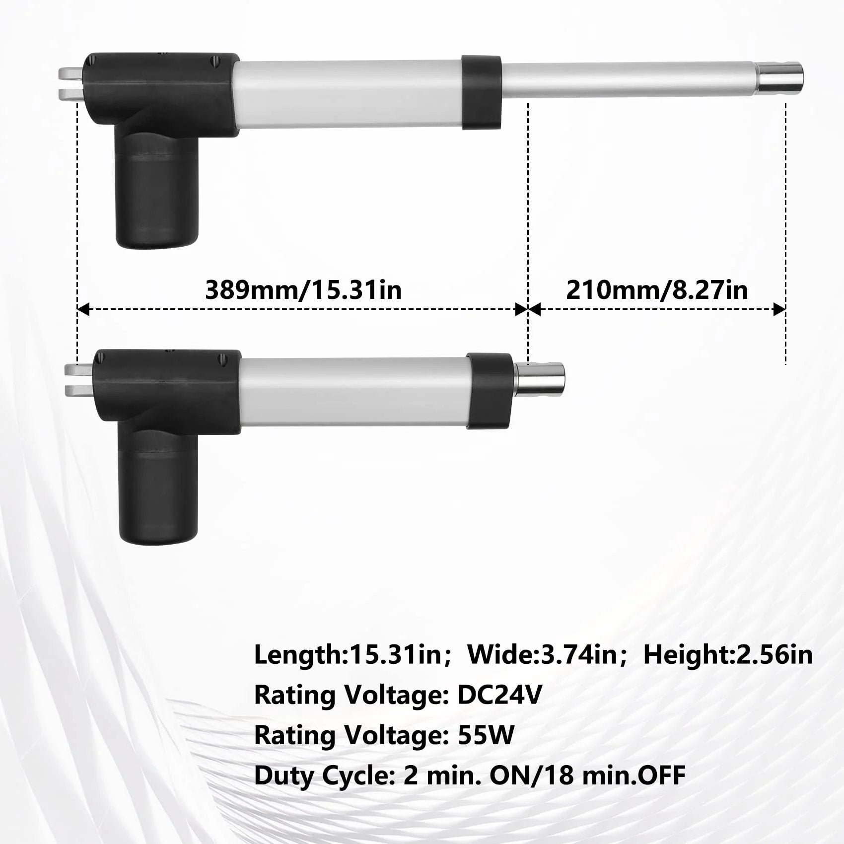 Electric Recliner Actuator Replacement Kit For Lift Chairs 24V DC Linear Motor with 8.27 Inch Stroke and 15.31 Inch Minimum Install Length Feikeer 1.28.000.131.30 side view dimensions and specifications
