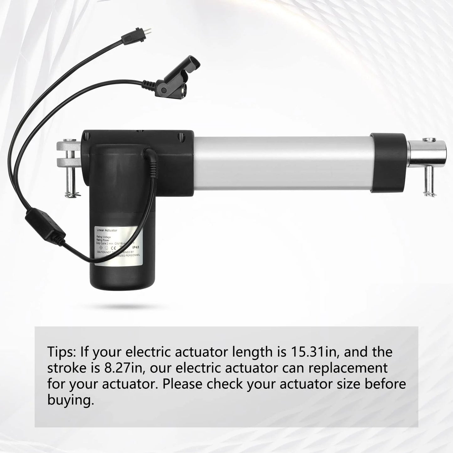 Electric Recliner Actuator Replacement Kit For Lift Chairs 24V DC Linear Motor With 8.27 Inch Stroke And 15.31 Inch Minimum Install Length Feikeer 1.28.000.131.30 side view showing motor and actuator components.