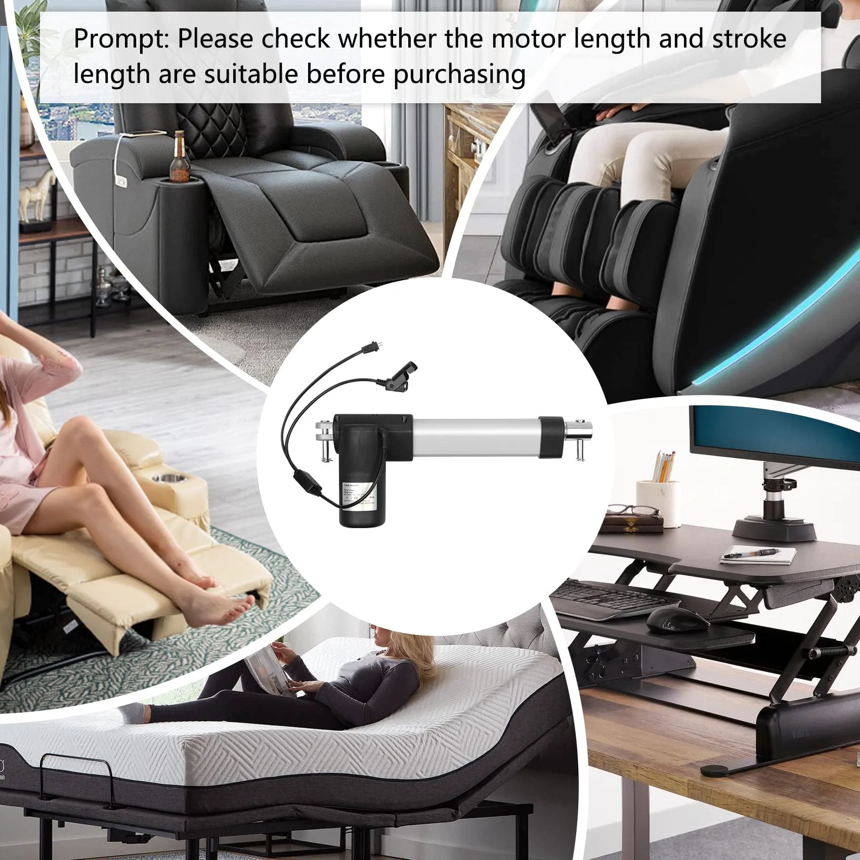 Electric Recliner Actuator Replacement Kit For Lift Chairs 24V DC Linear Motor in a circular display with various seating options.
