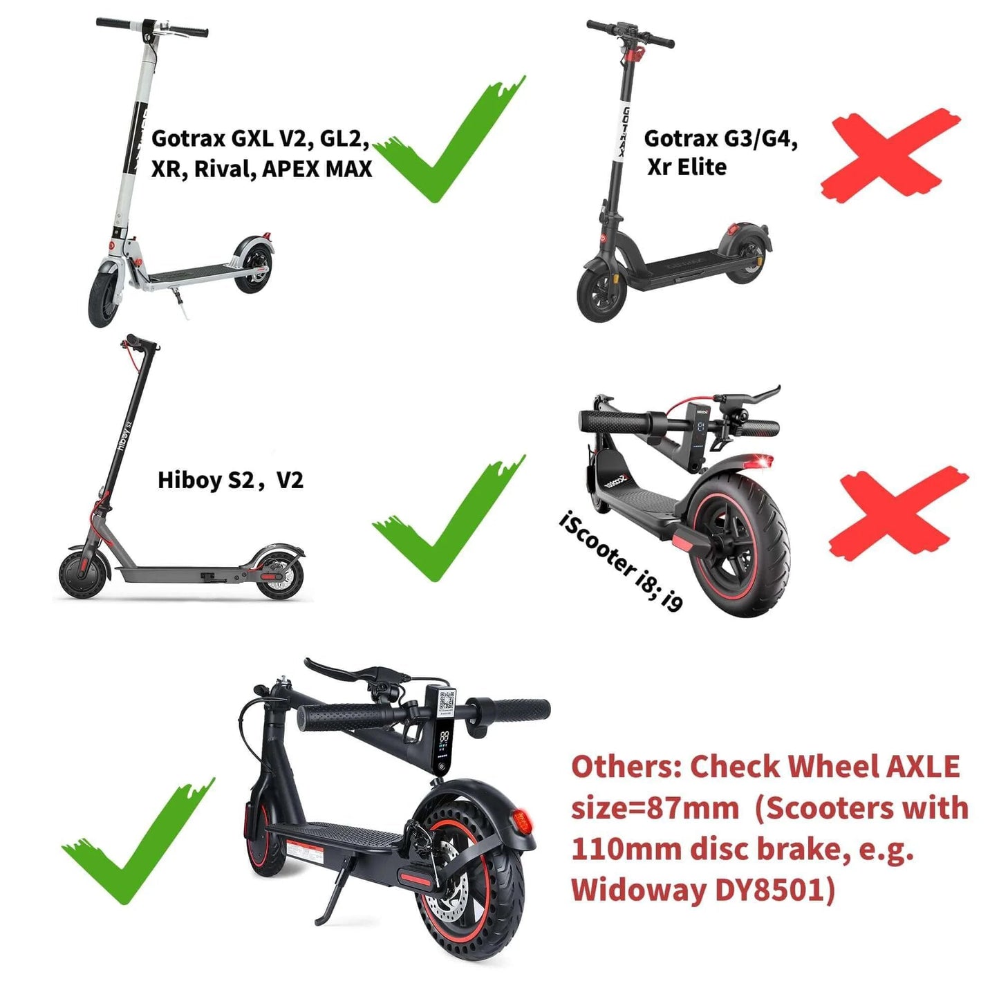 Compatibility chart for 8.5'' Electric Scooter Replacement Rear Wheel – Solid Tire with Wheel Hub & 110mm Brake Disc