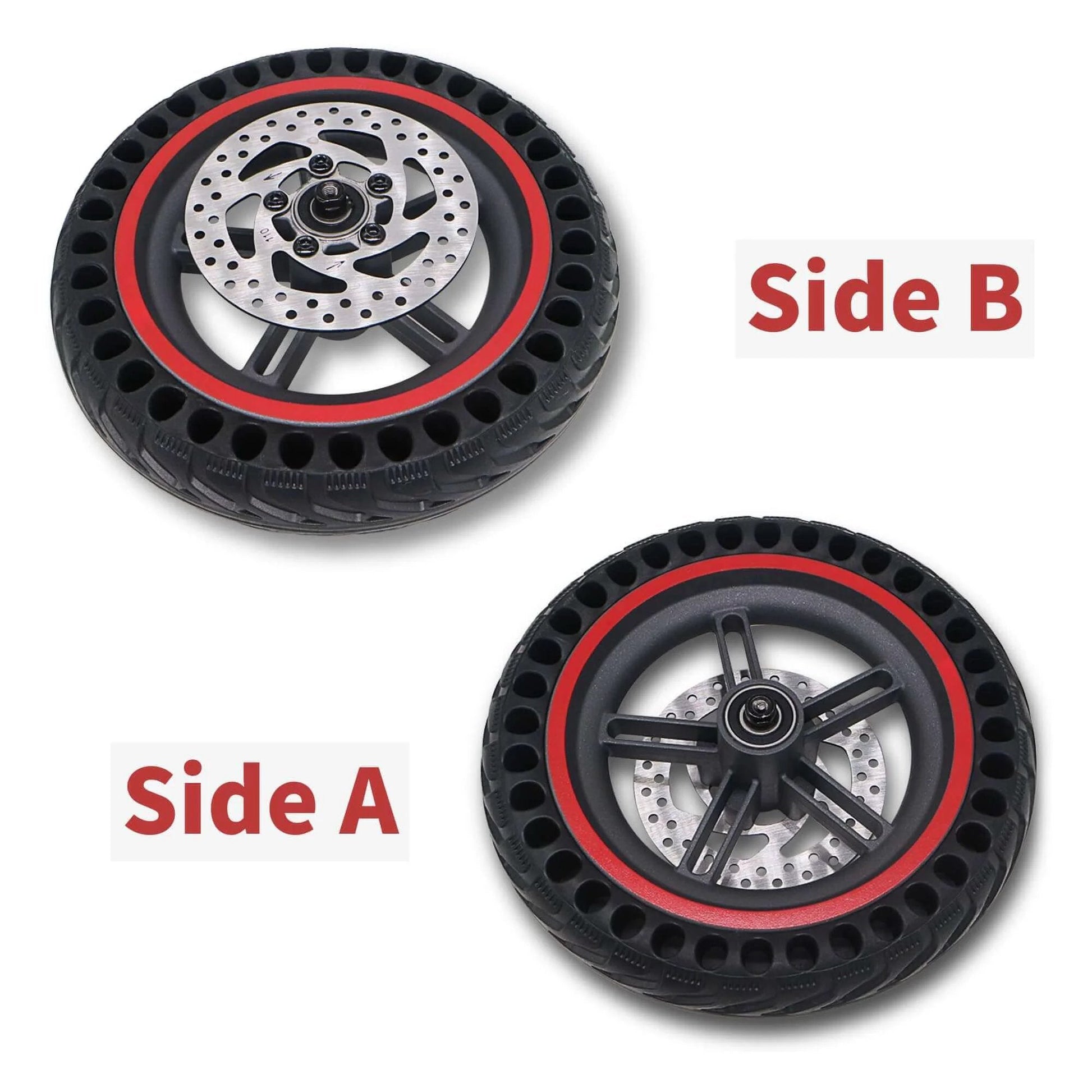 8.5'' Electric Scooter Replacement Rear Wheel – Solid Tire with Wheel Hub & 110mm Brake Disc, side A and B views visible